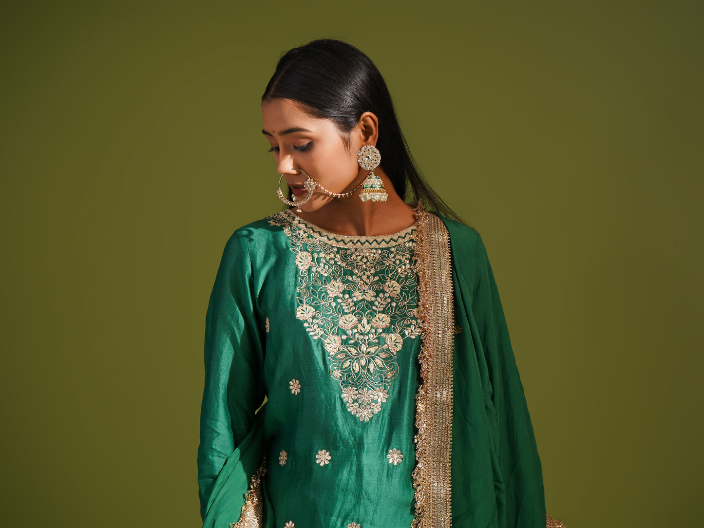 Green Chanderi Short Kurta with Skirt Set