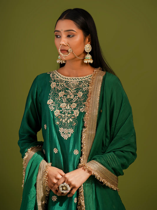 Green Chanderi Short Kurta with Skirt Set