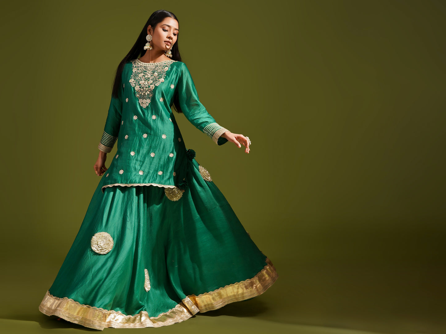 Green Chanderi Short Kurta with Skirt Set