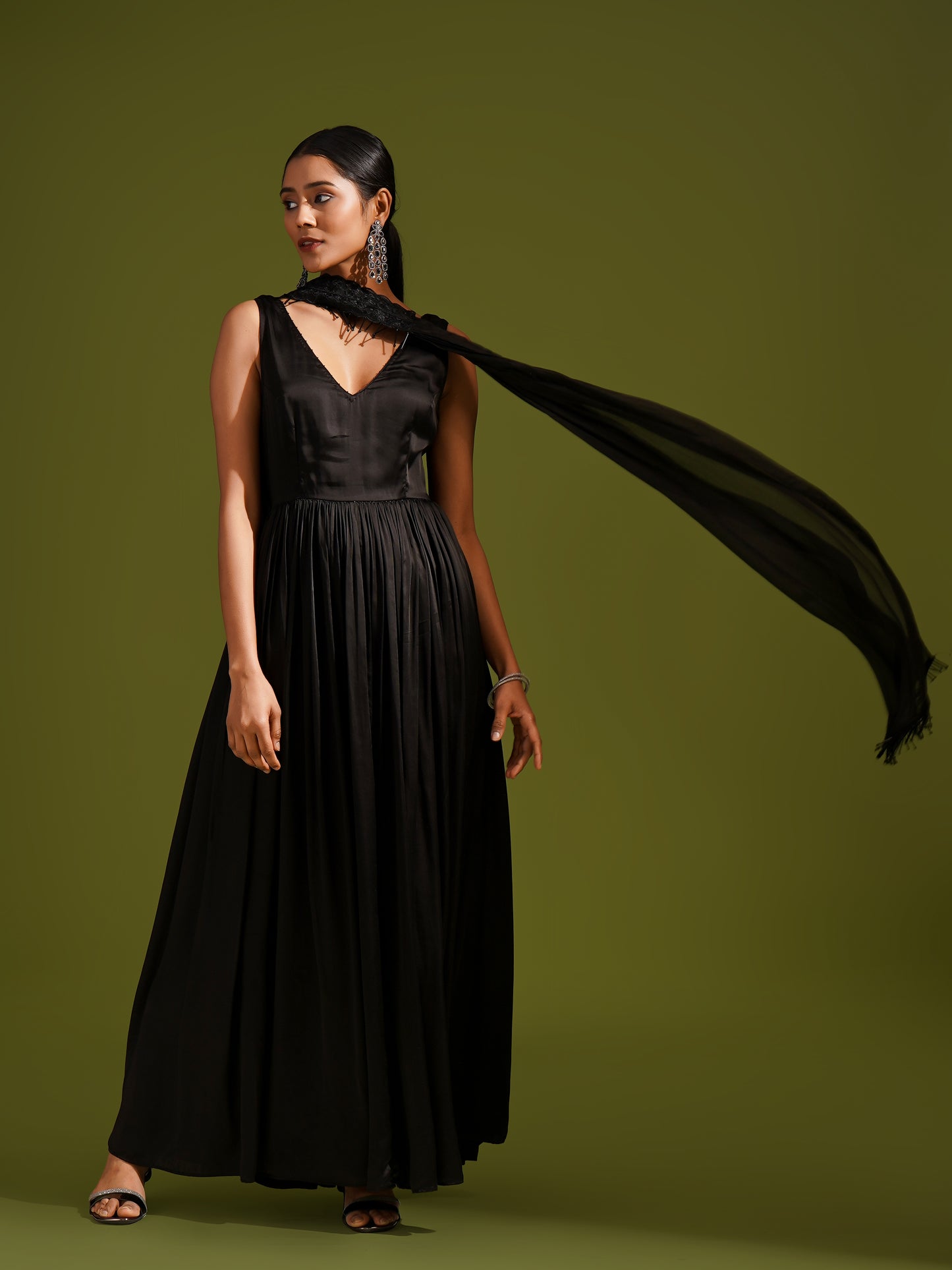 Black Satin Sleeveless Anarkali