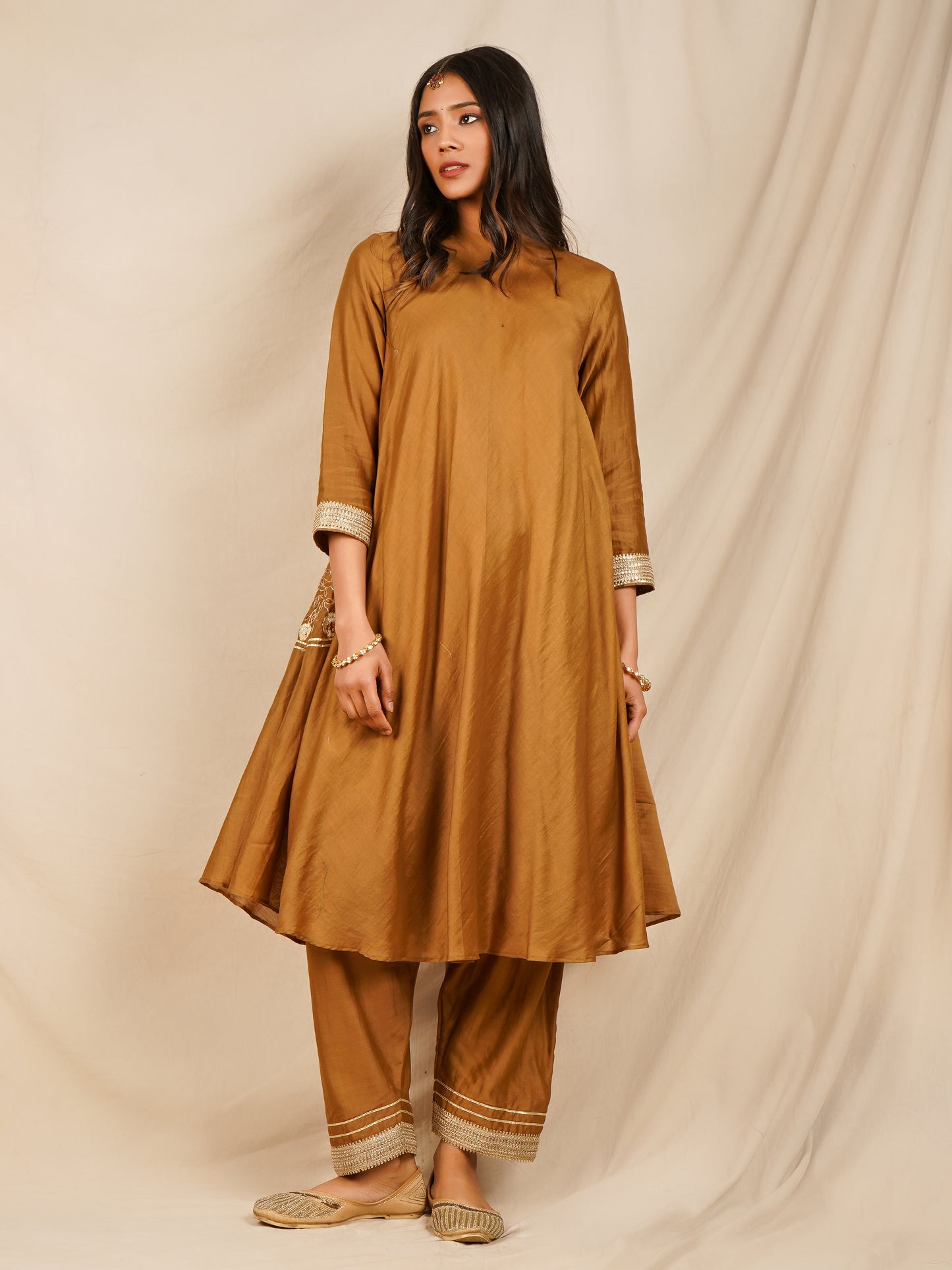 Pocket Embroidered Anarkali - Brown