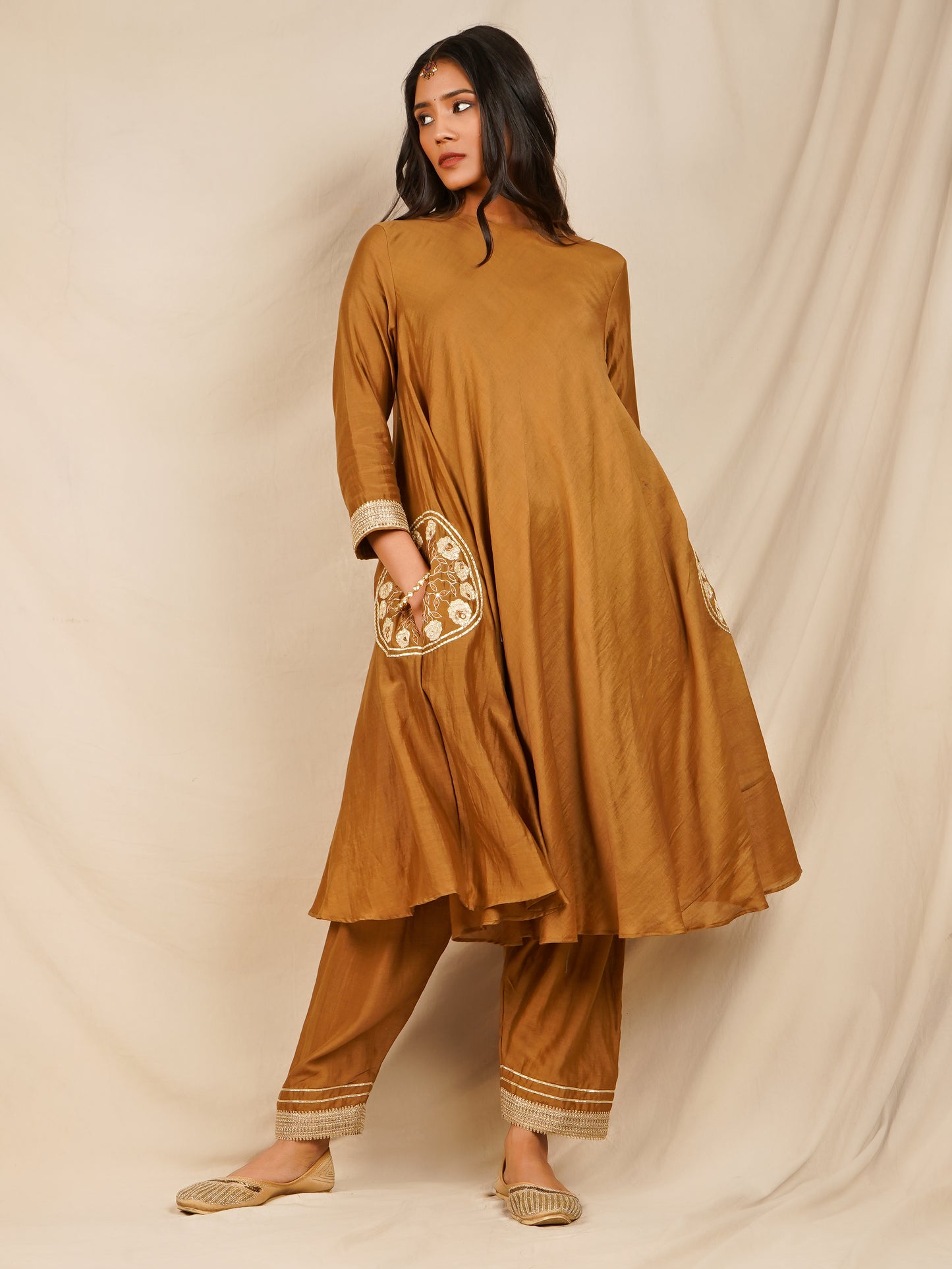 Pocket Embroidered Anarkali - Brown