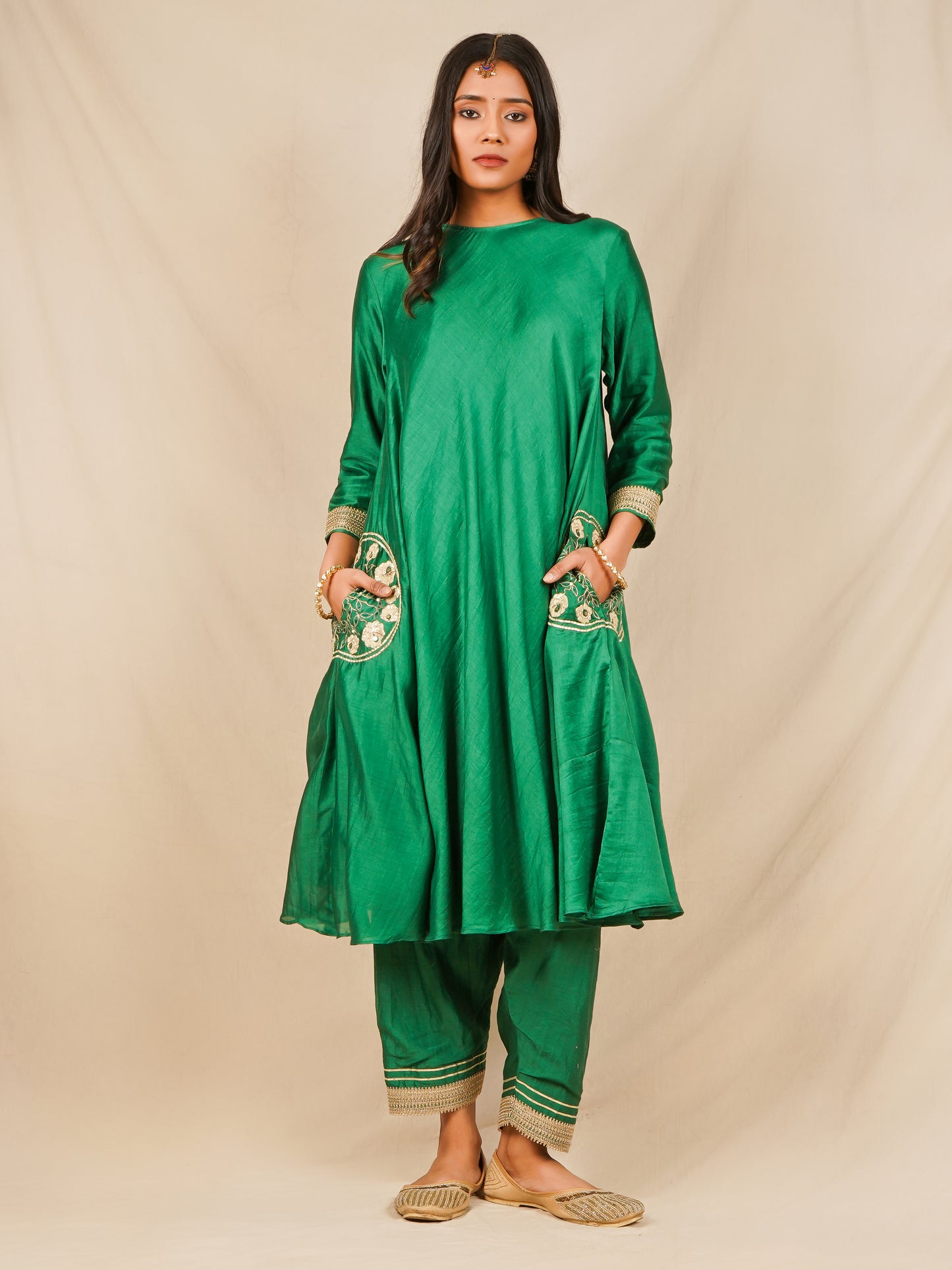 Pocket Embroidered Anarkali - Green