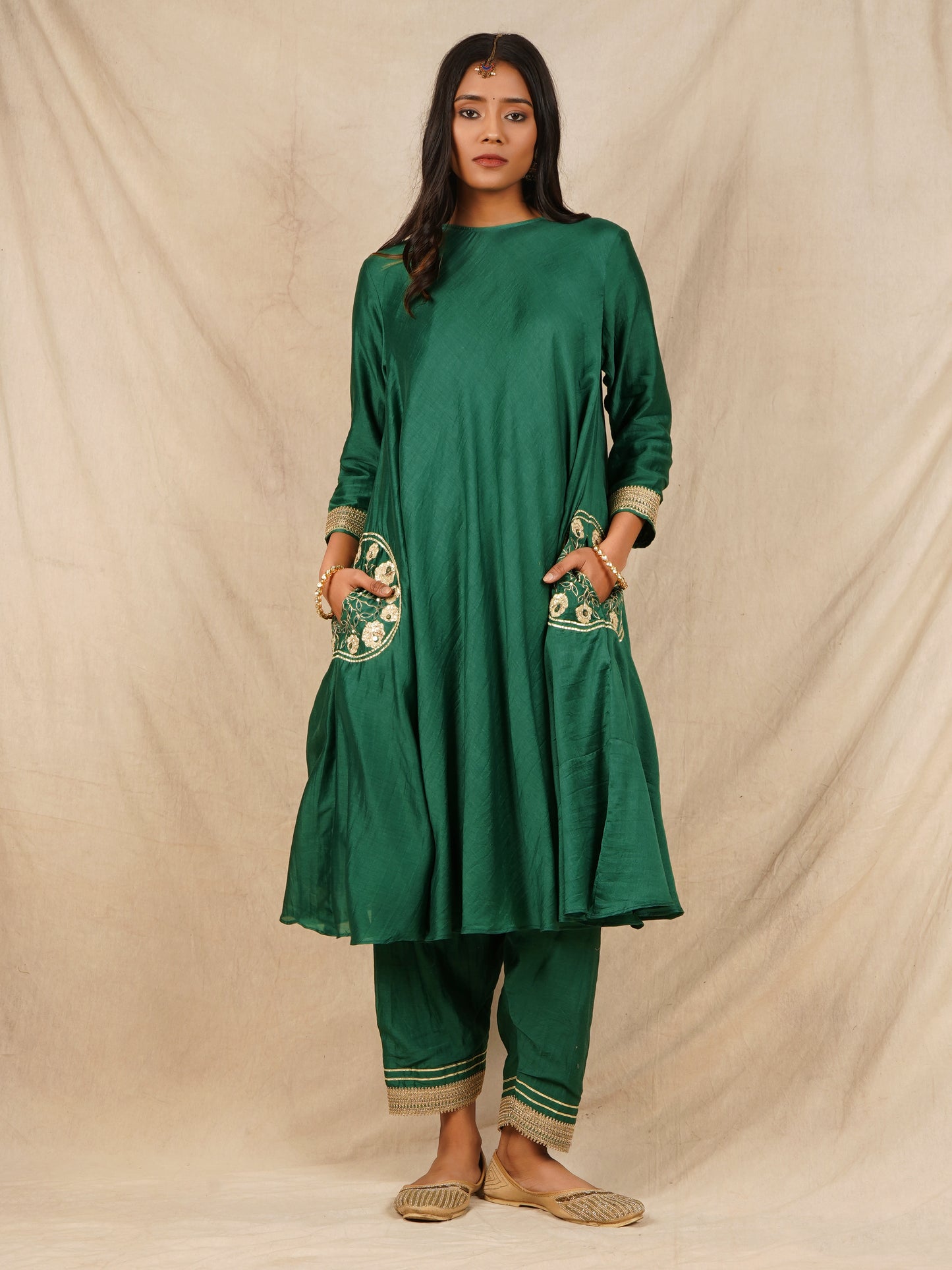 Pocket Embroidered Anarkali - Green