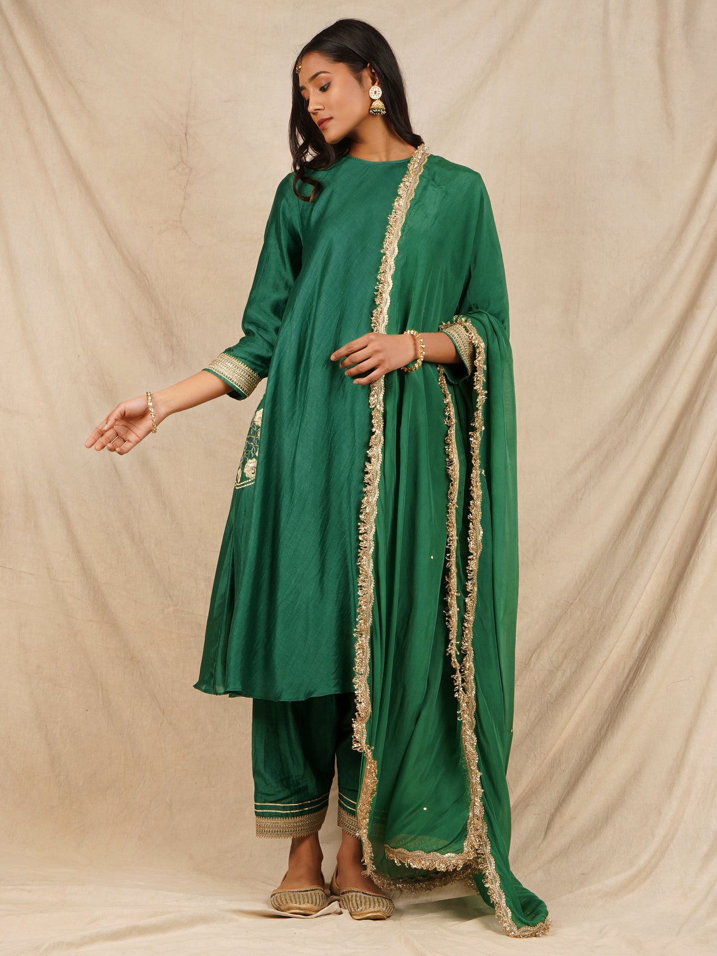 Pocket Embroidered Anarkali - Green