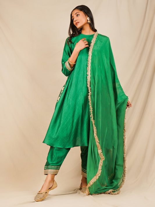 Pocket Embroidered Anarkali - Green