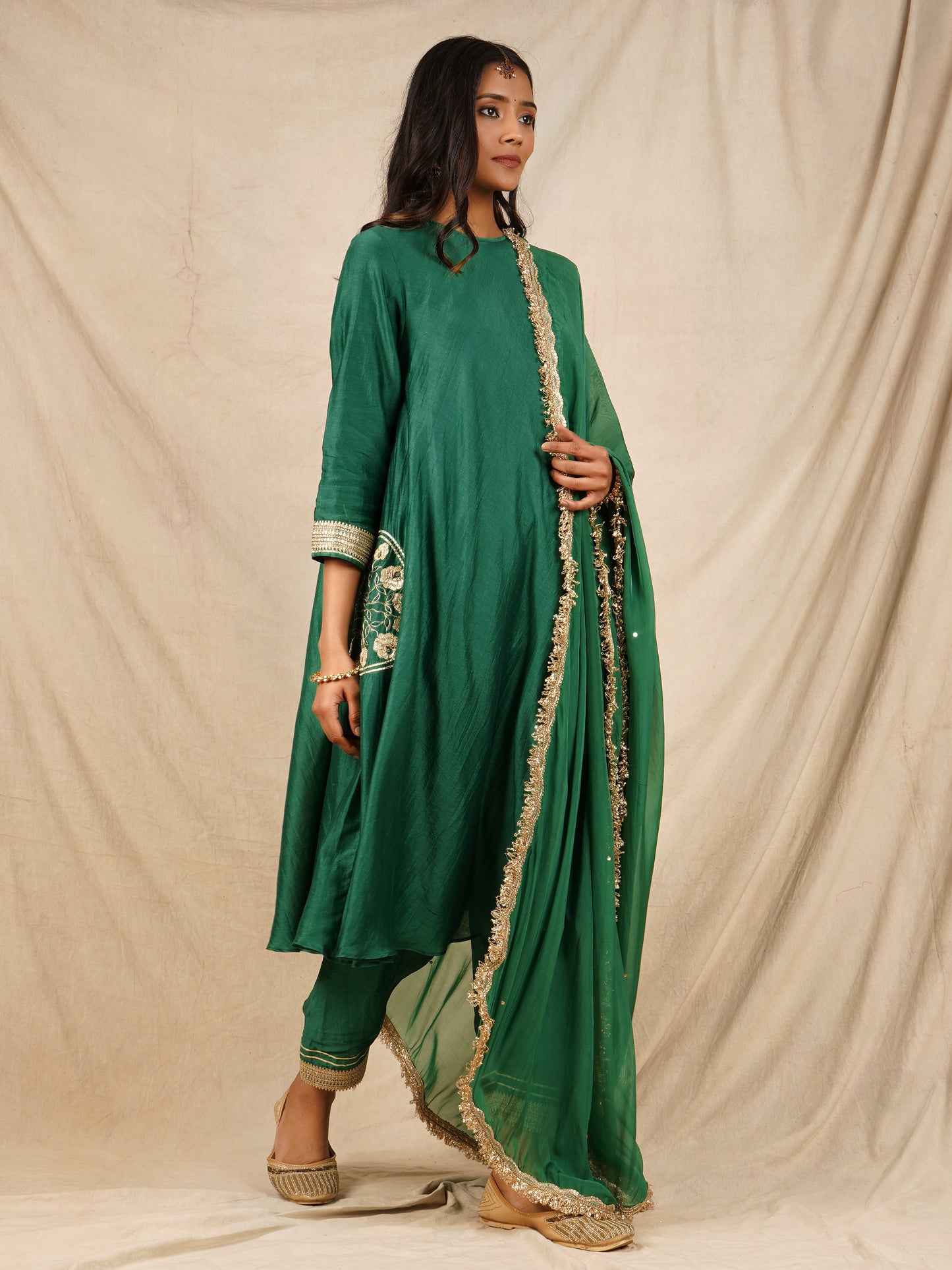 Pocket Embroidered Anarkali - Green