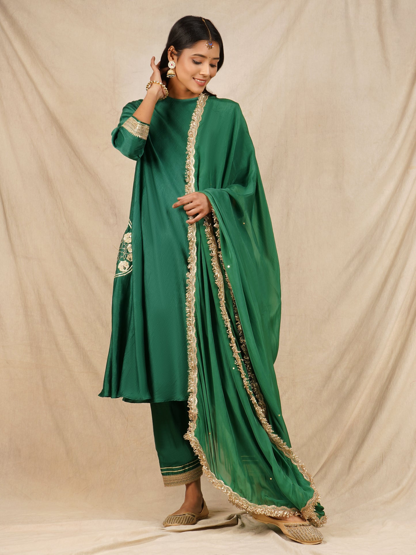 Pocket Embroidered Anarkali - Green