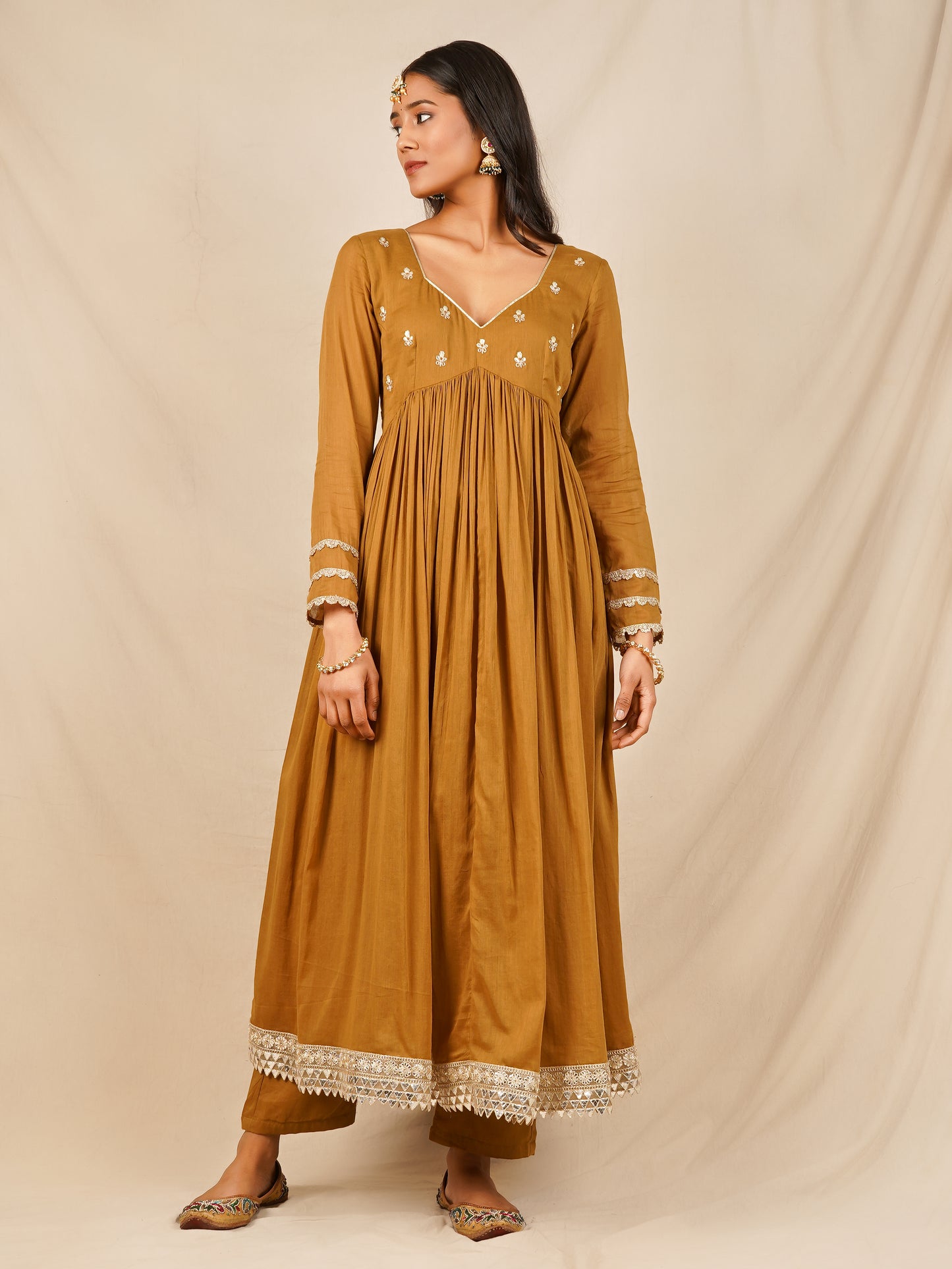 Brown Embroidered Body Anarkali