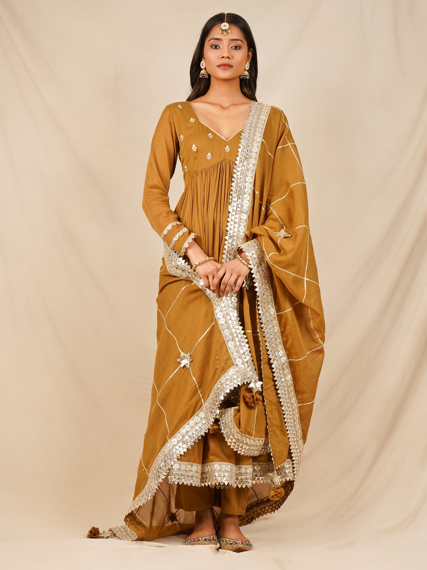 Brown Embroidered Body Anarkali