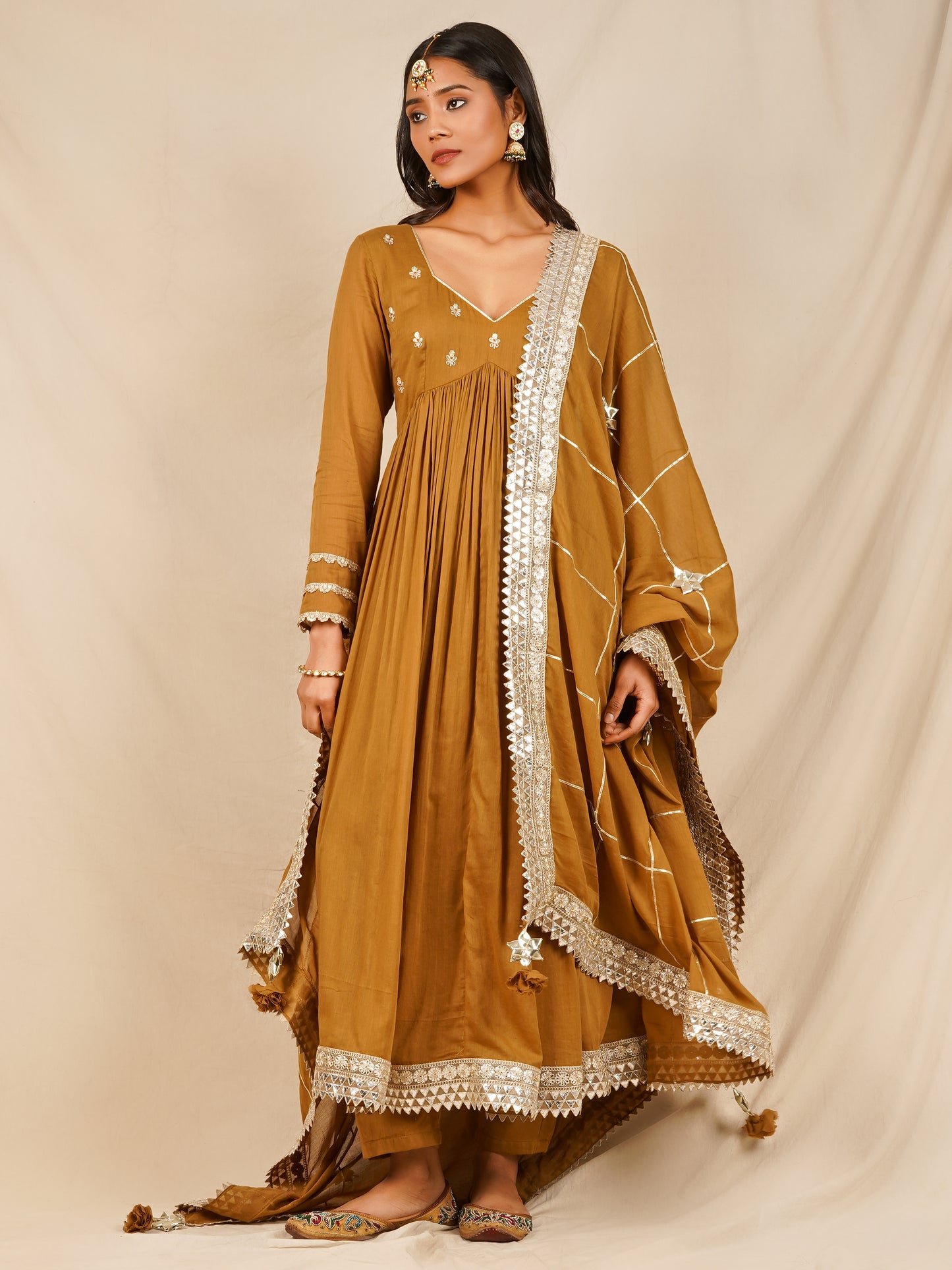 Brown Embroidered Body Anarkali