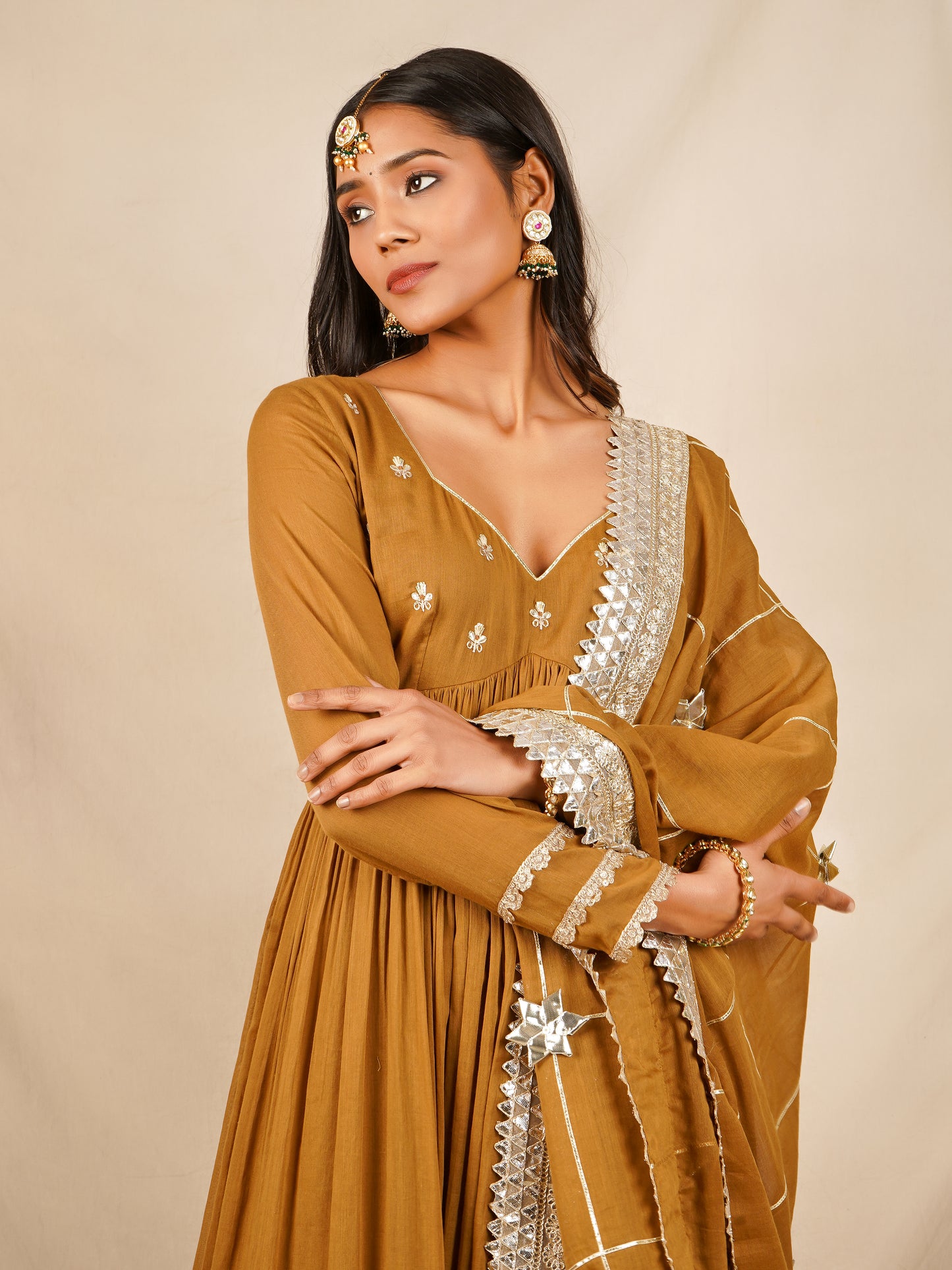 Brown Embroidered Body Anarkali