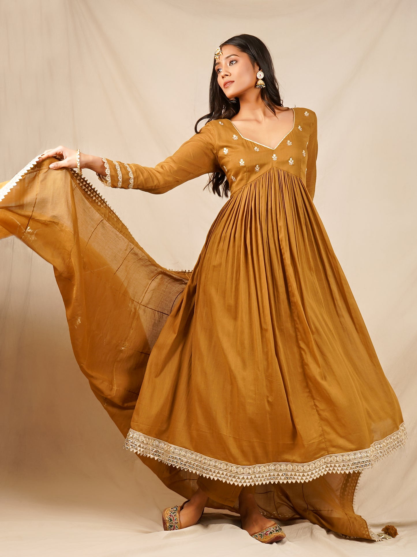 Brown Embroidered Body Anarkali