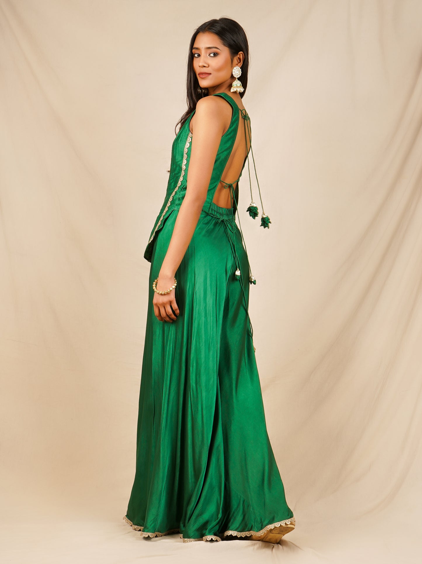 Green Backless Top with Palazzo and Dupatta