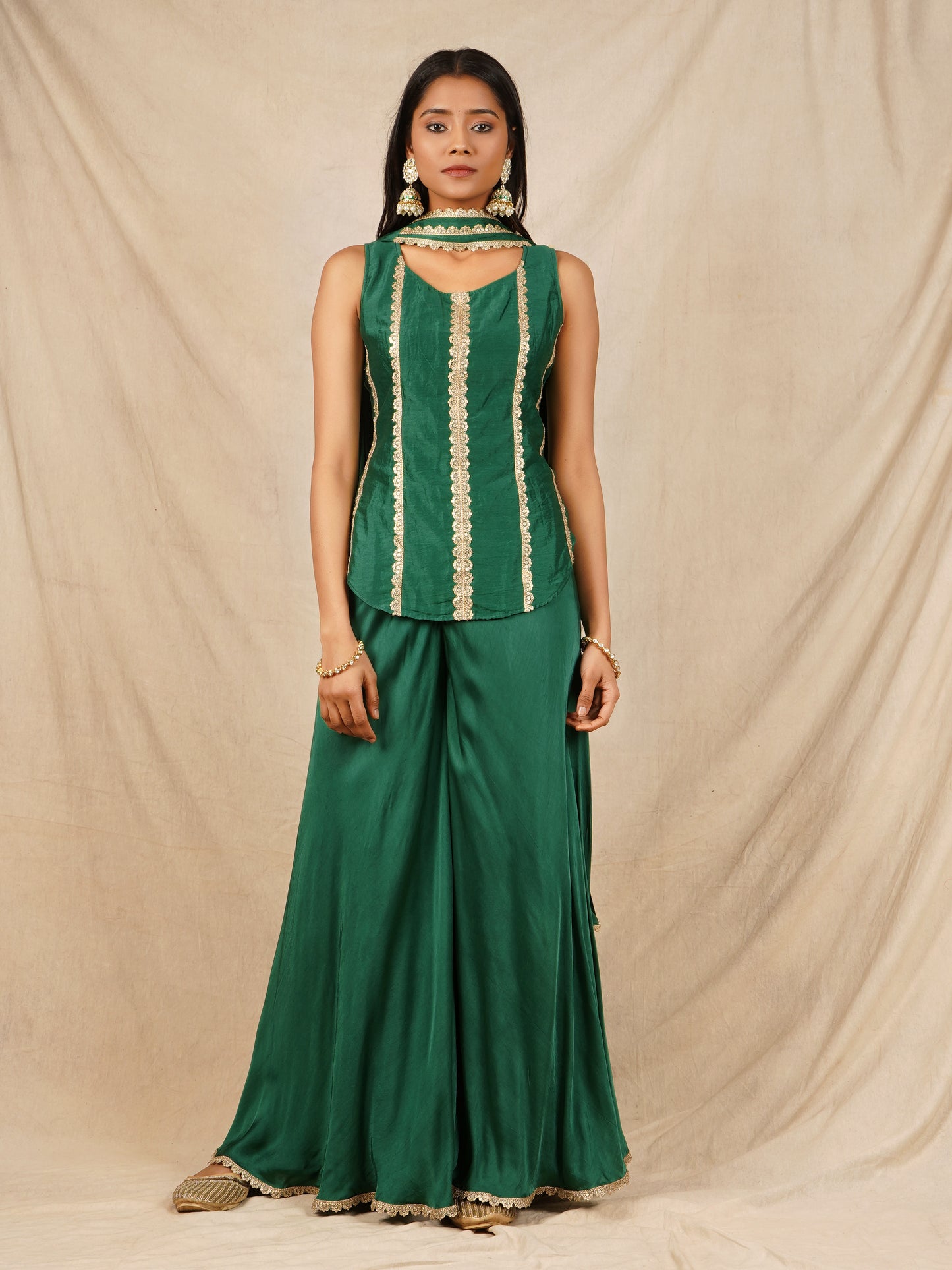 Green Backless Top with Palazzo and Dupatta