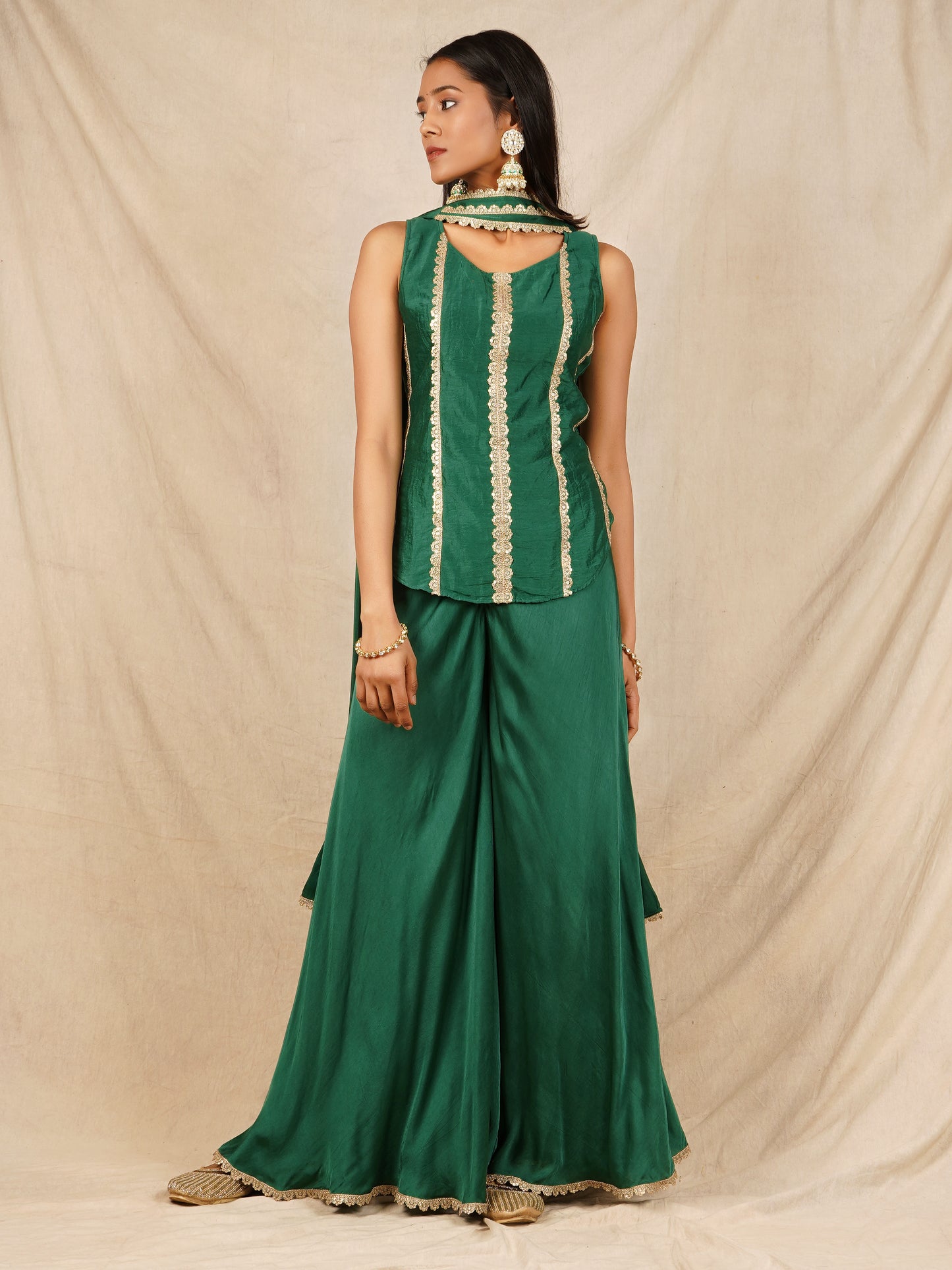 Green Backless Top with Palazzo and Dupatta