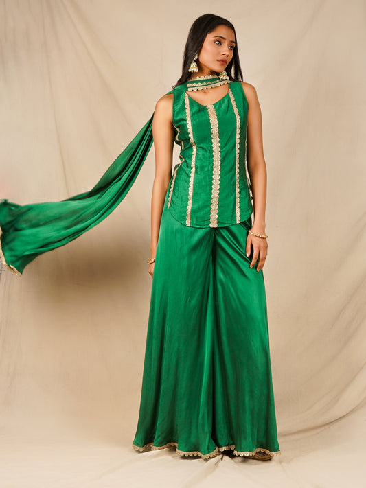 Green Backless Top with Palazzo and Dupatta