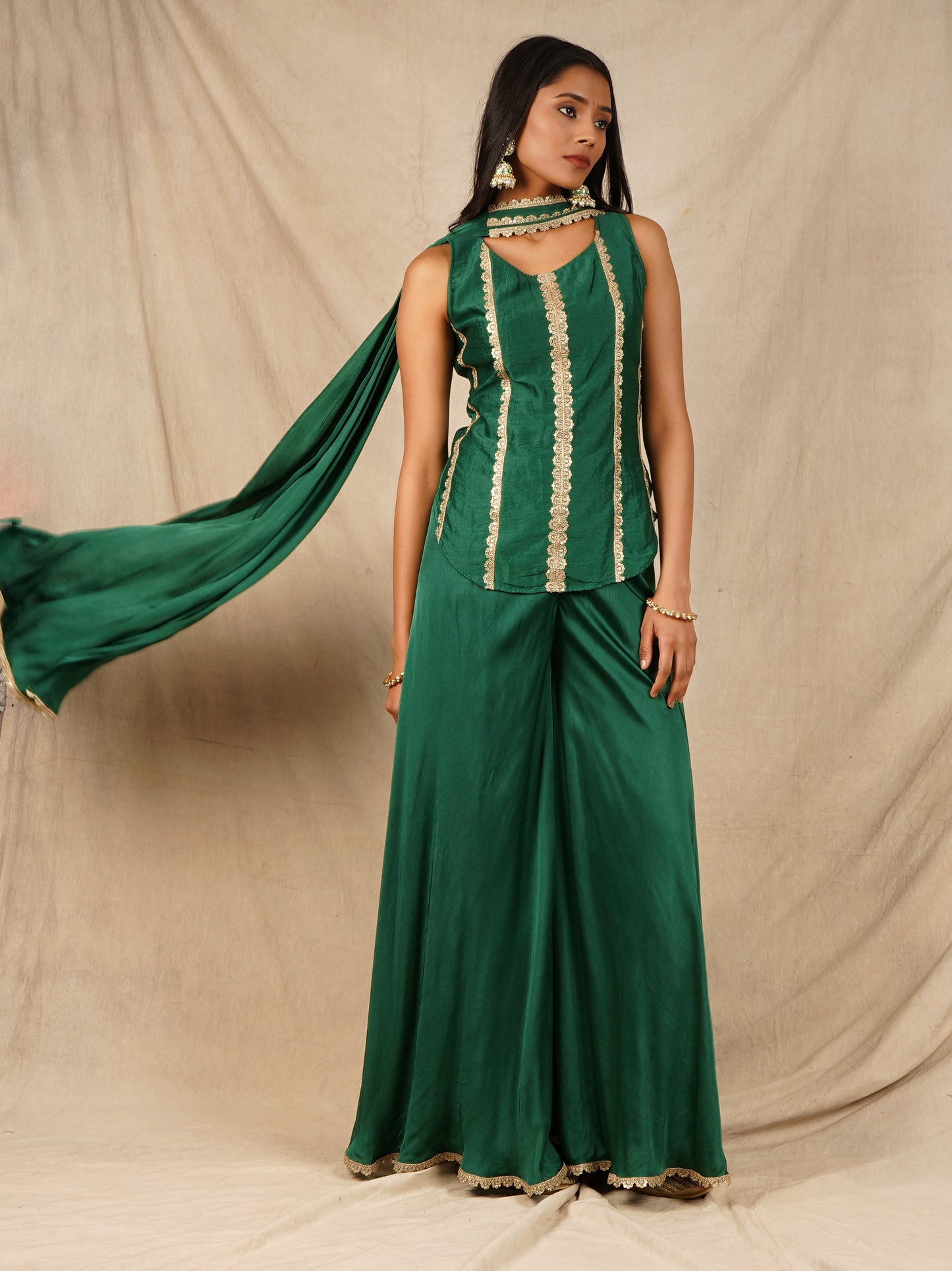 Green Backless Top with Palazzo and Dupatta