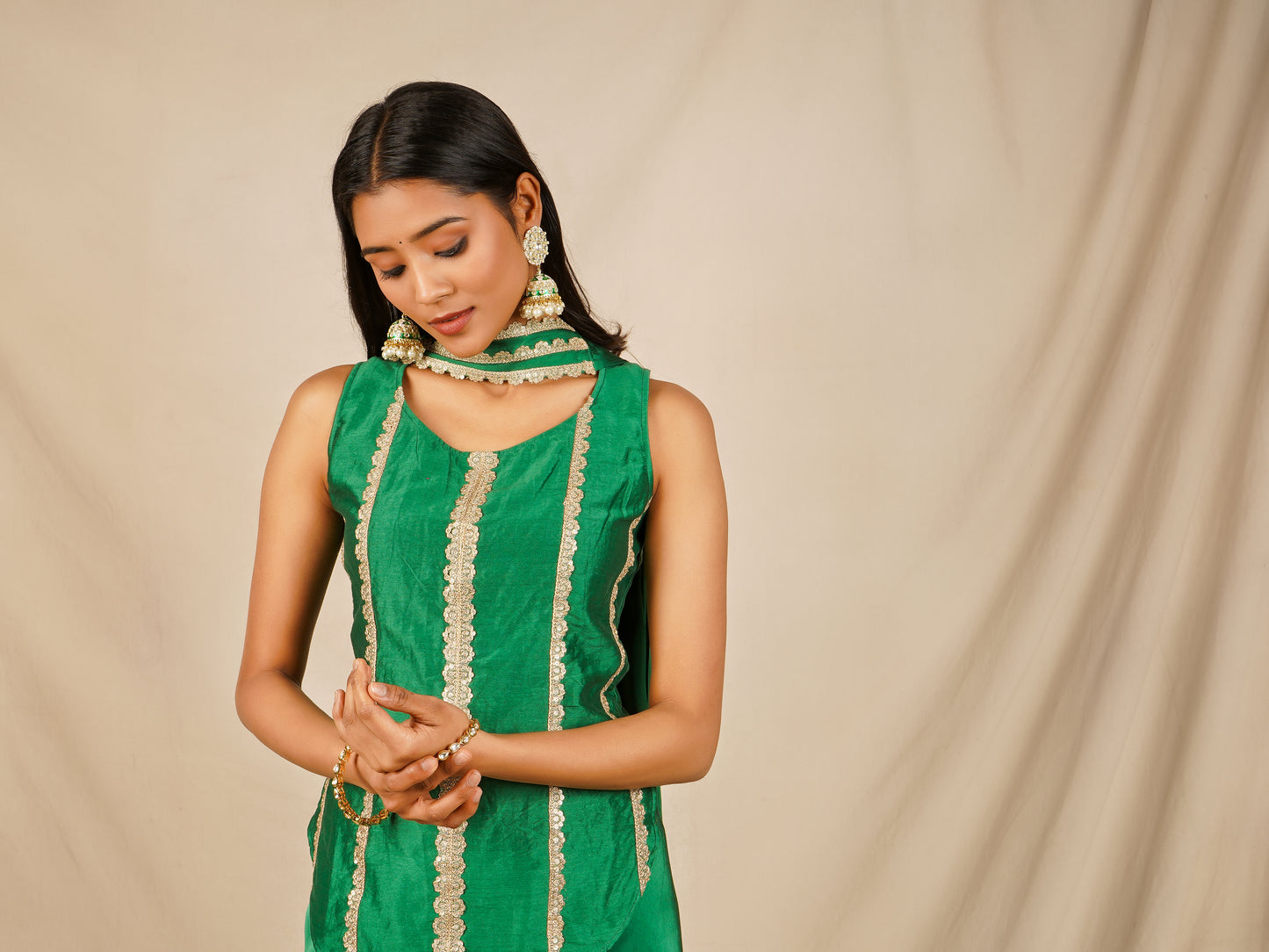 Green Backless Top with Palazzo and Dupatta