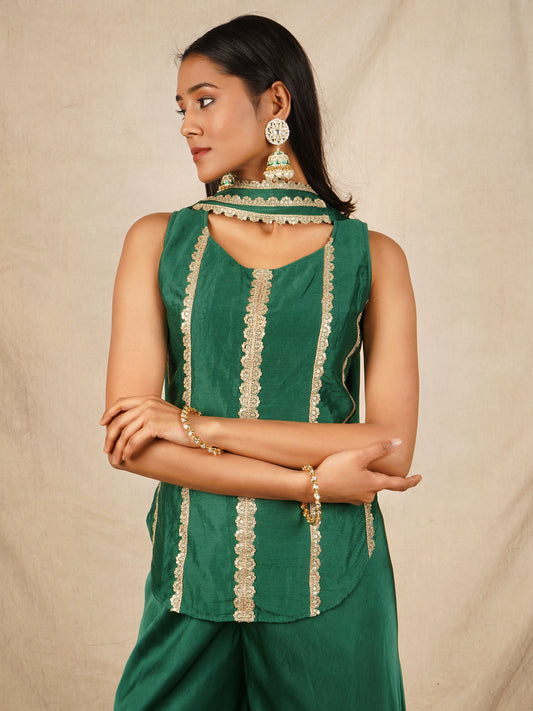 Green Backless Top with Palazzo and Dupatta