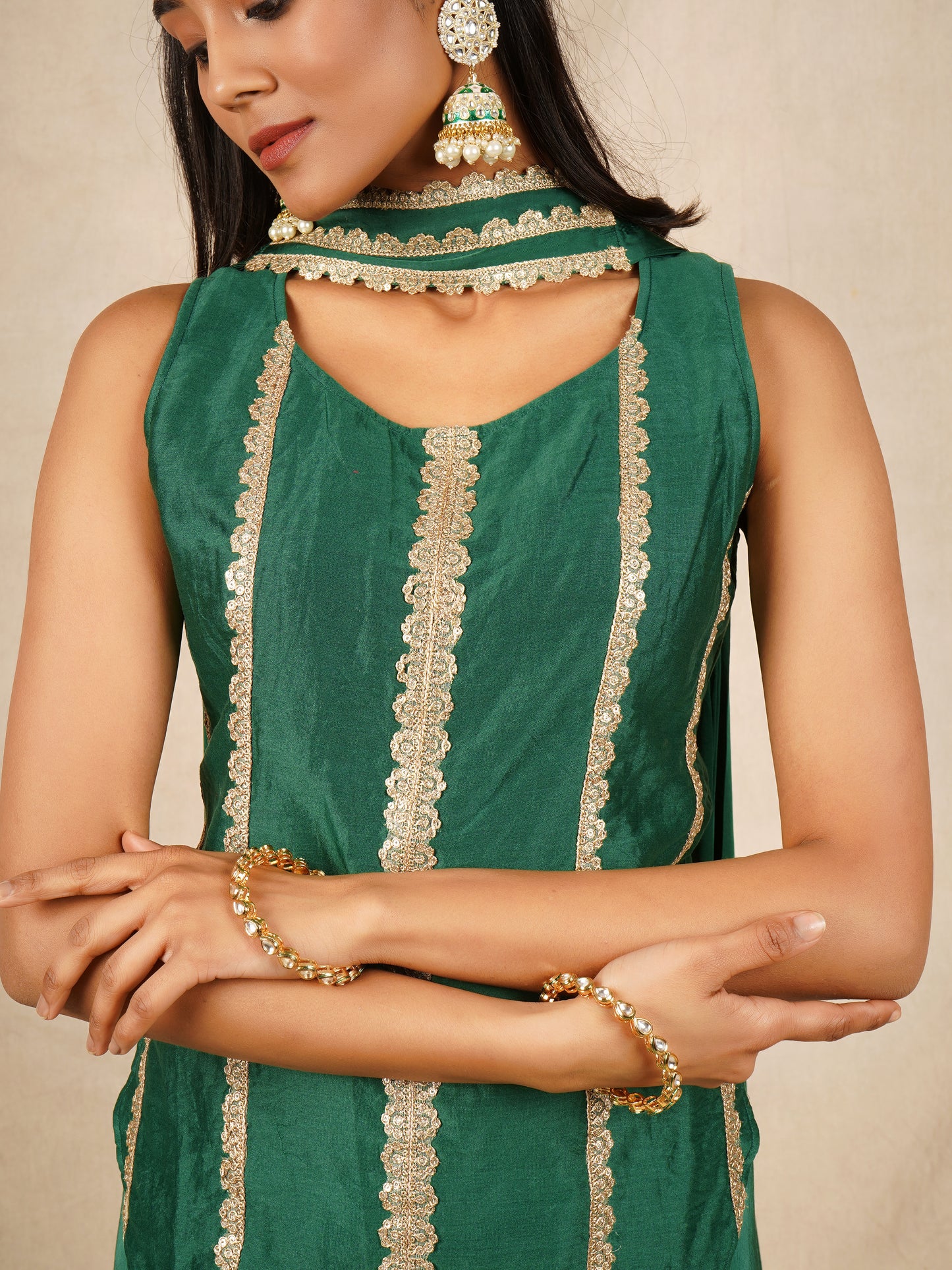 Green Backless Top with Palazzo and Dupatta