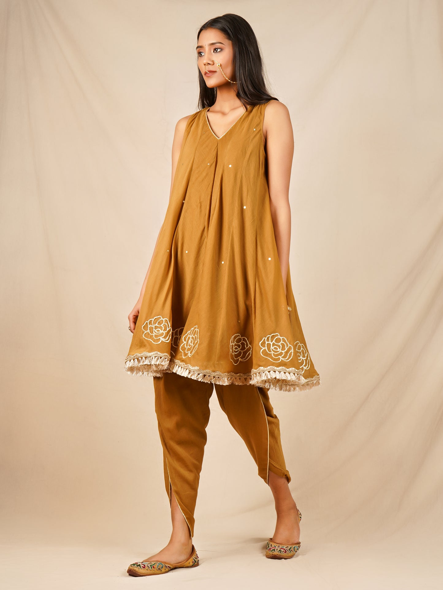 Brown Short Kali Kurta with Tulip Pants