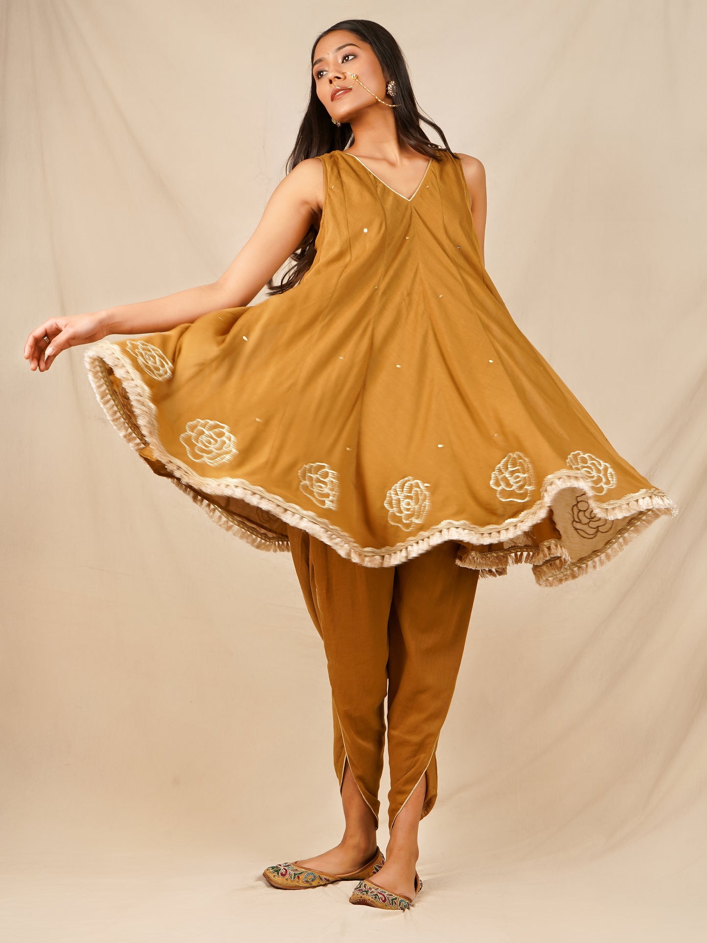 Brown Short Kali Kurta with Tulip Pants