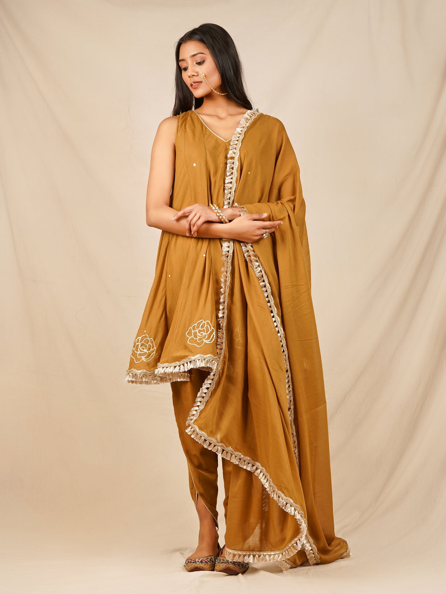 Brown Short Kali Kurta with Tulip Pants