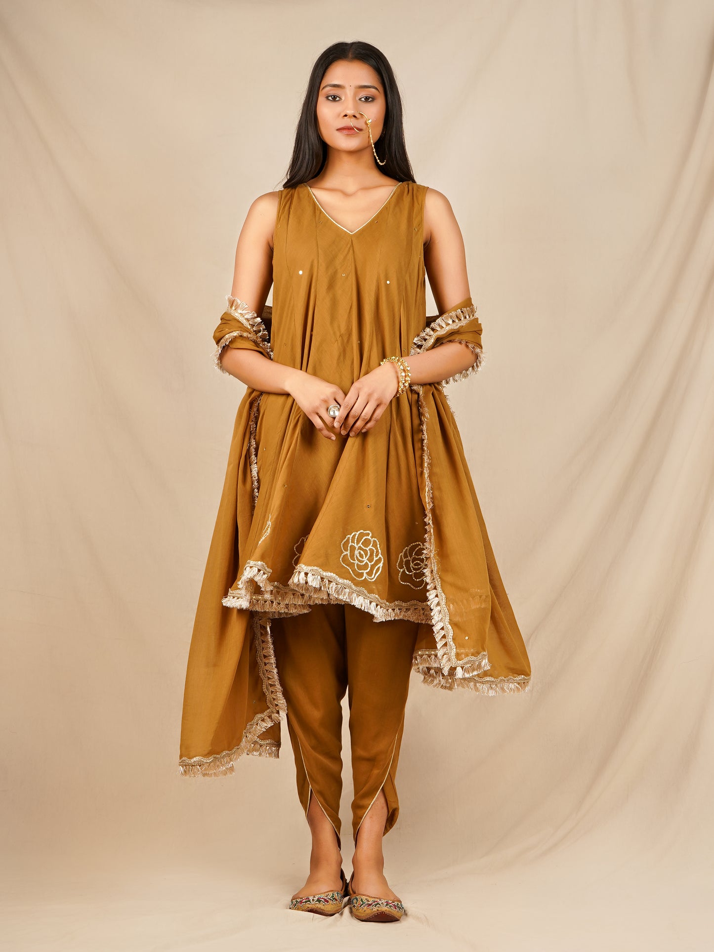 Brown Short Kali Kurta with Tulip Pants