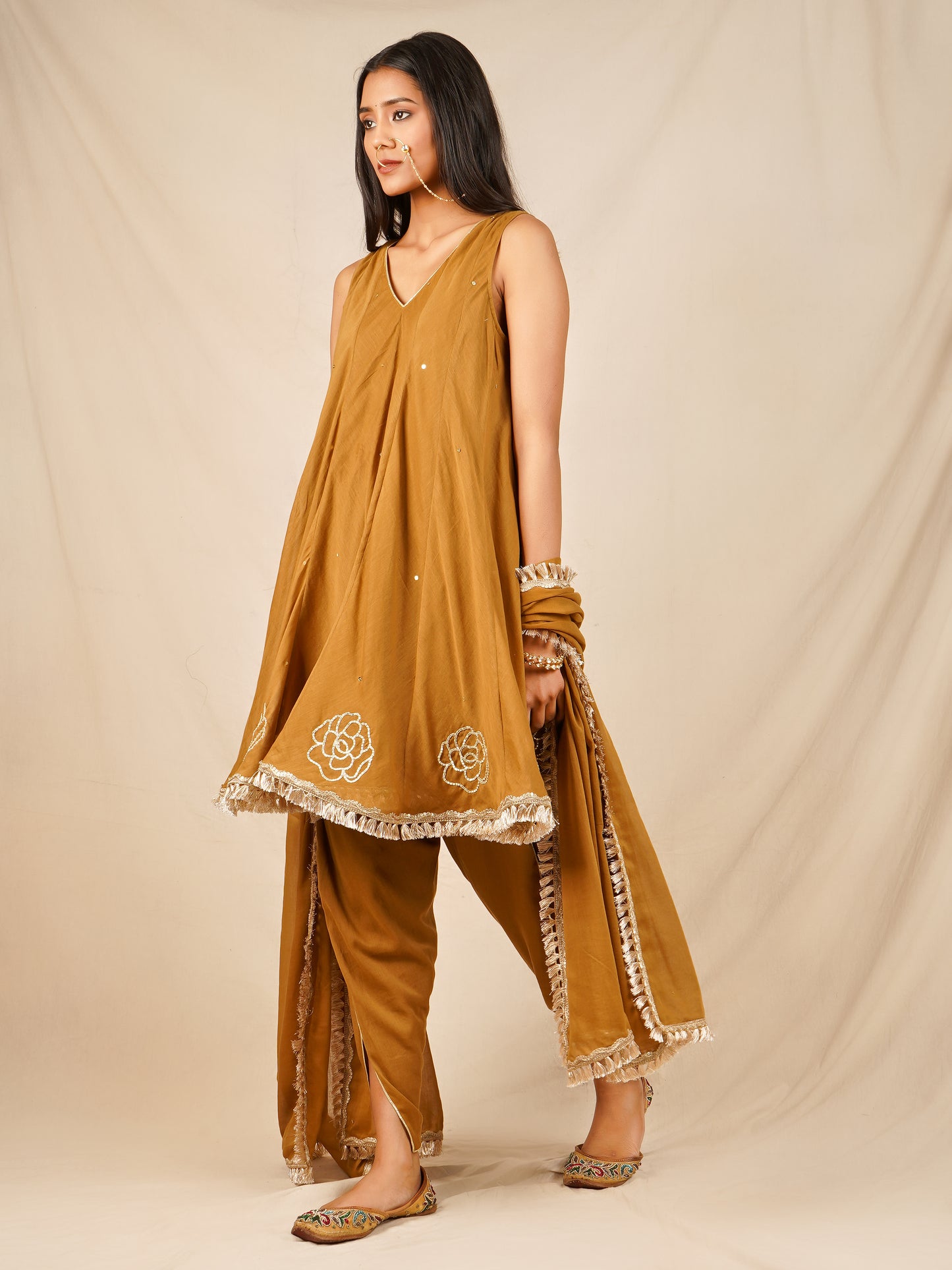 Brown Short Kali Kurta with Tulip Pants