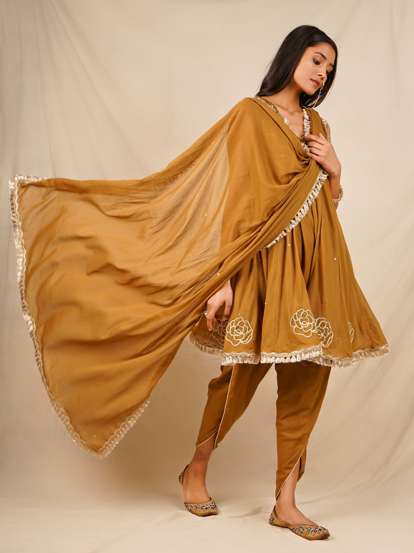 Brown Short Kali Kurta with Tulip Pants