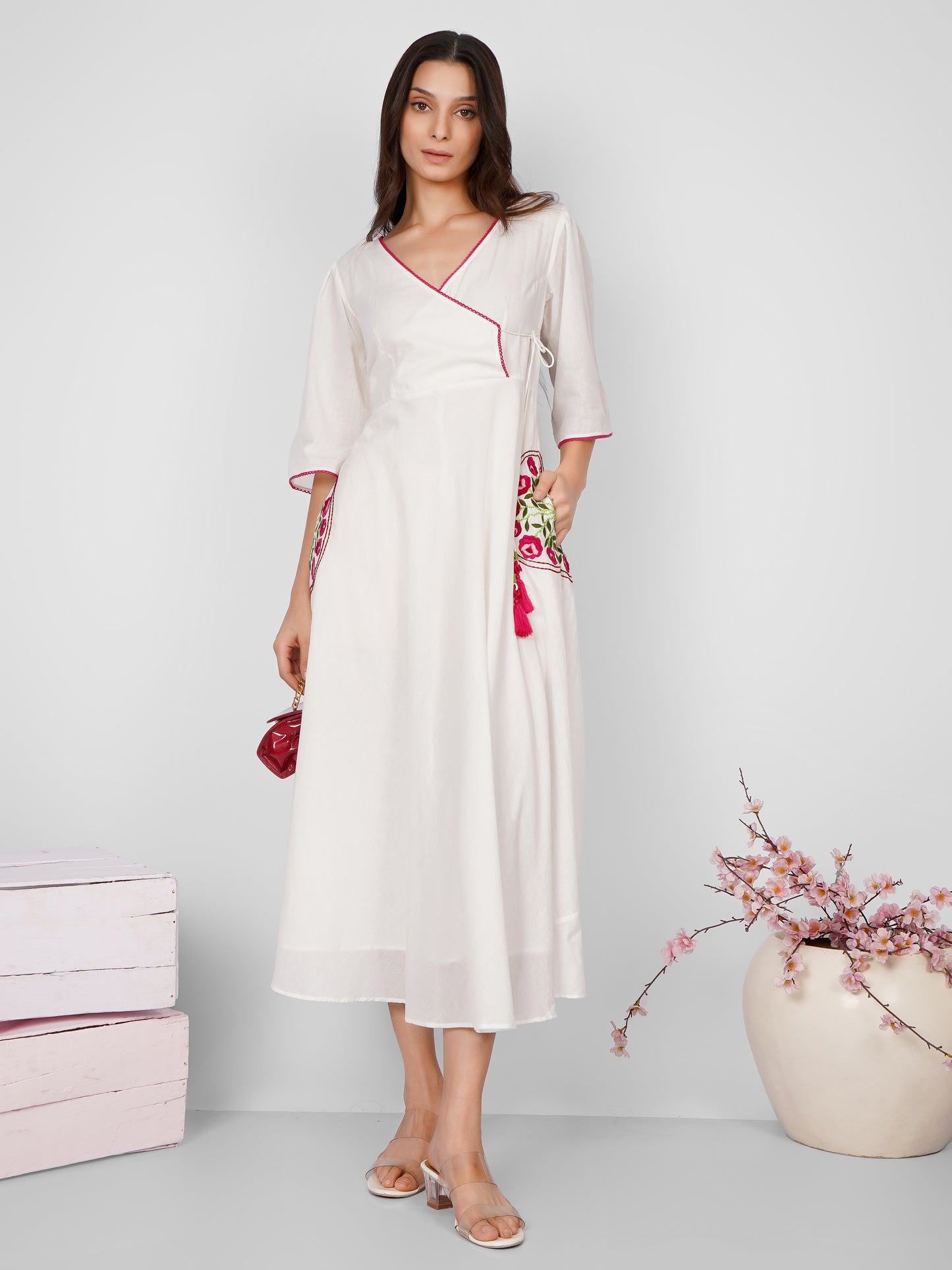 White Pocket Embroidered Angrakha Dress