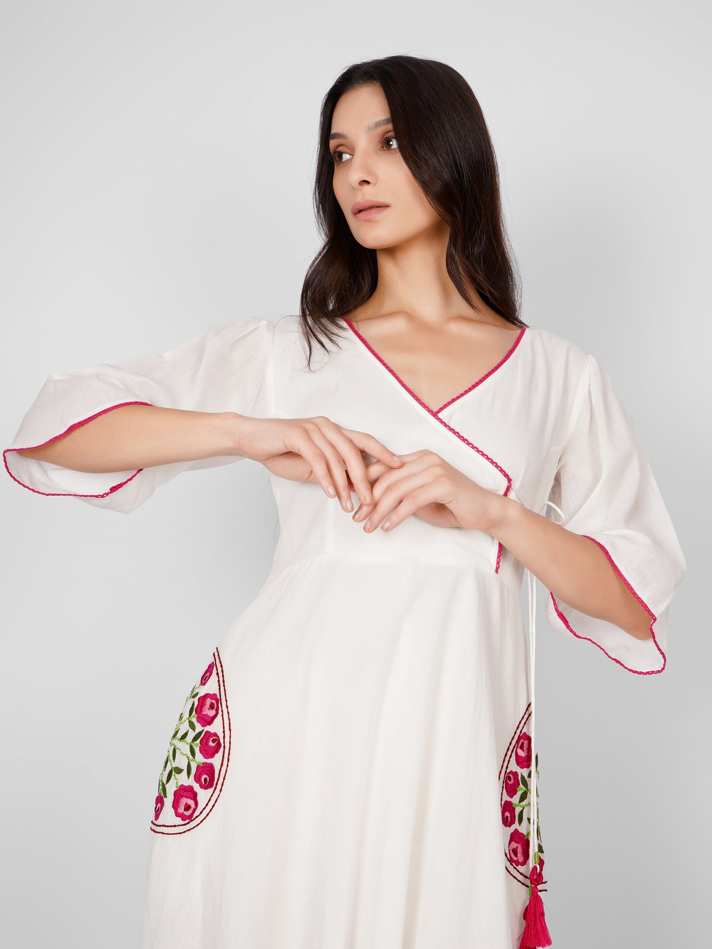 White Pocket Embroidered Angrakha Dress