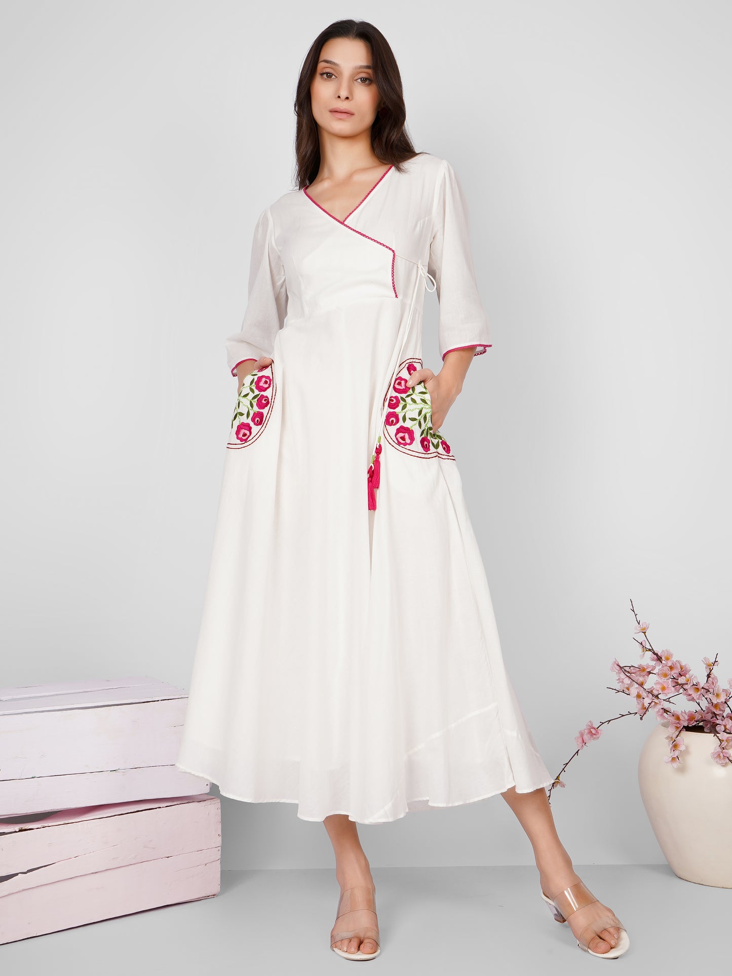 White Pocket Embroidered Angrakha Dress