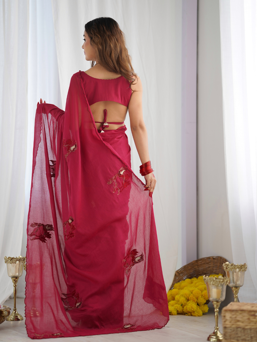 Gorgeous Mulmul Red Embroidered Ready to Wear Saree for Women - JOVI India