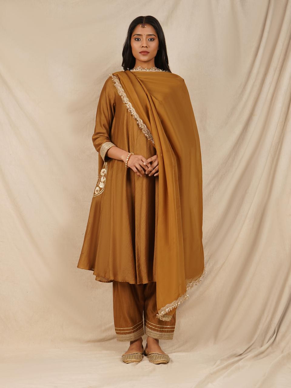 Pocket Embroidered Anarkali - Brown