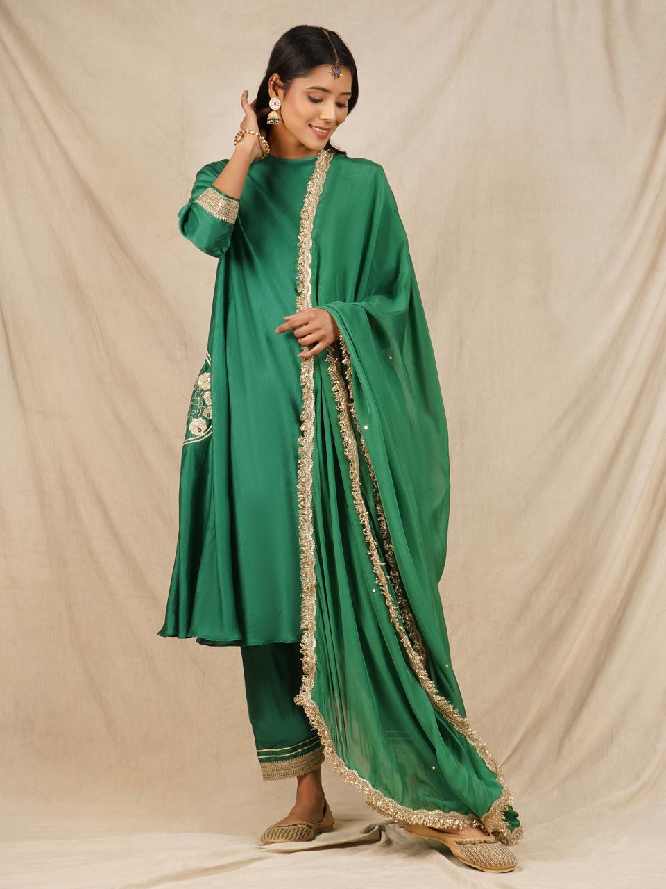 Pocket Embroidered Anarkali - Green