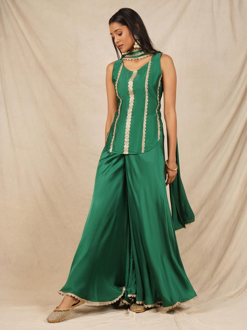 Green Backless Top with Palazzo and Dupatta