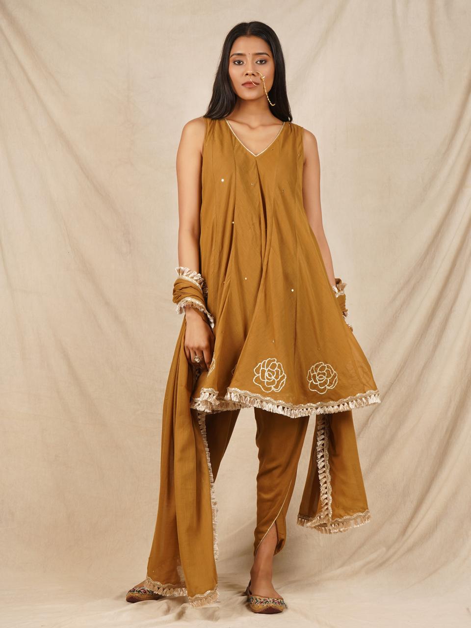 Brown Short Kali Kurta with Tulip Pants