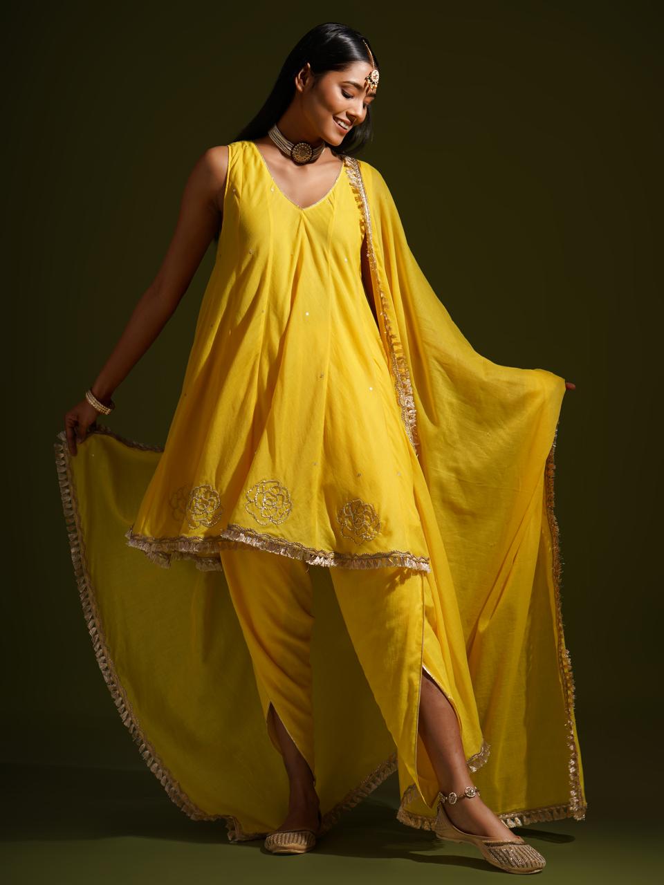 Yellow Short Kali Kurta with Tulip Pants