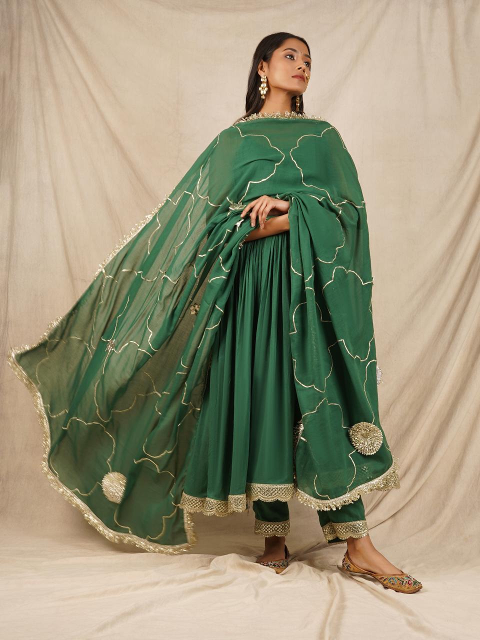 Green Strappy Anarkali Suit Set - Gotta Dupatta