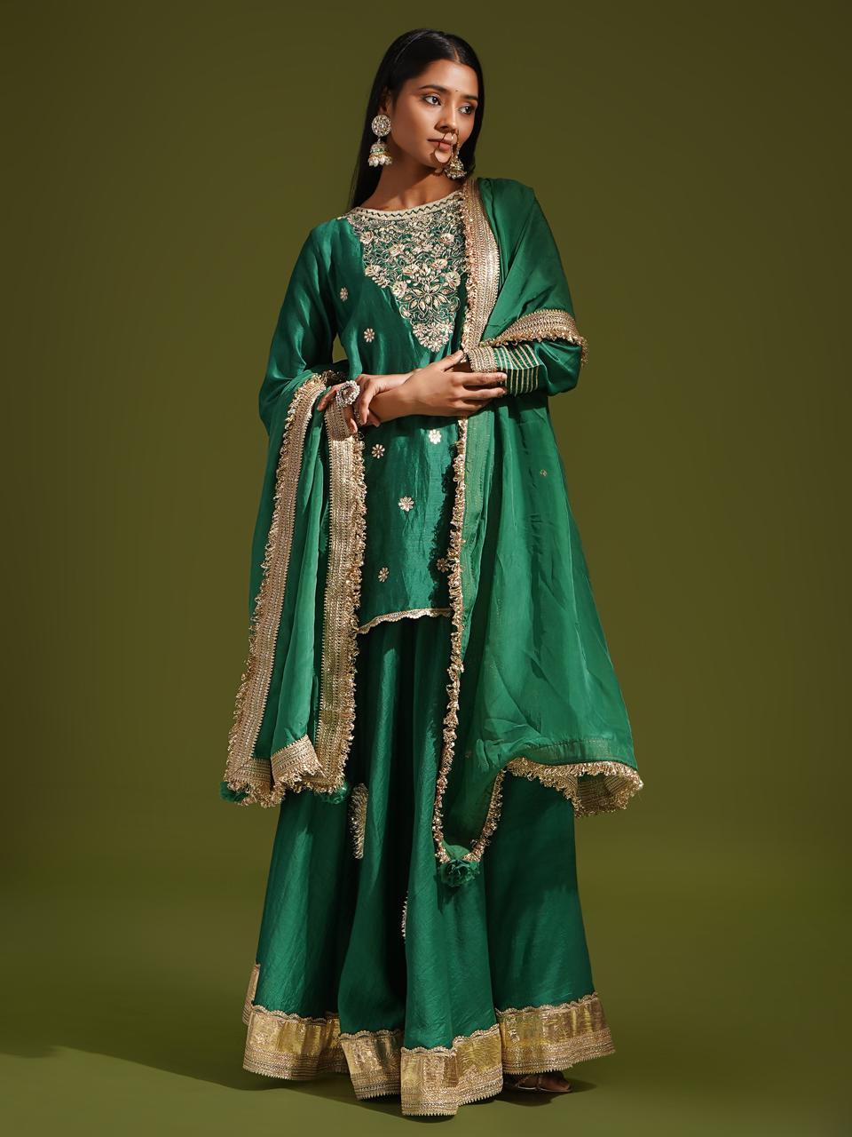 Green Chanderi Short Kurta with Skirt Set