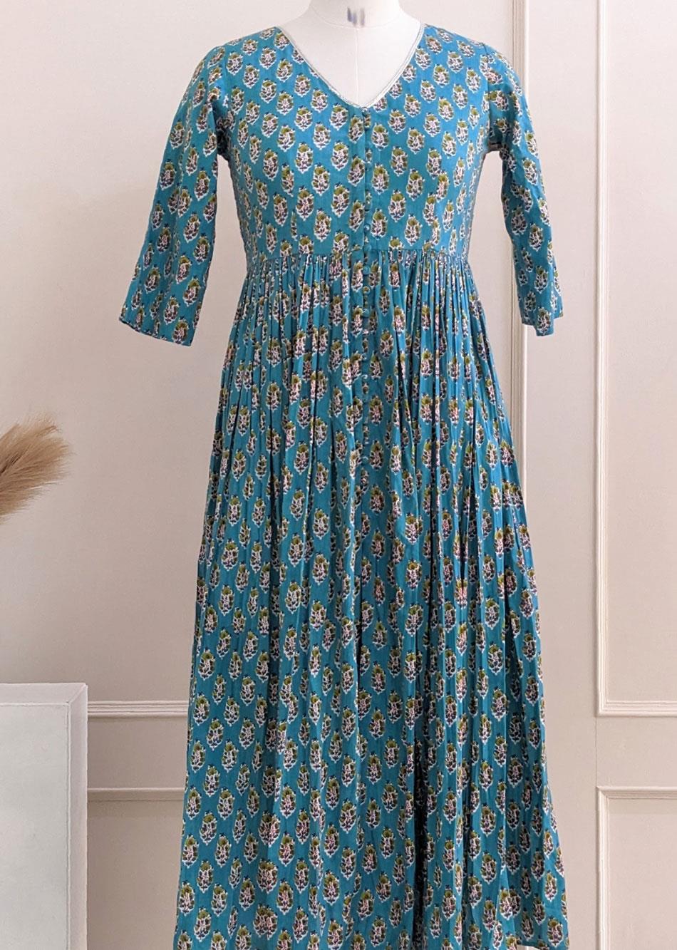 Blue Printed Front Slit Kurta