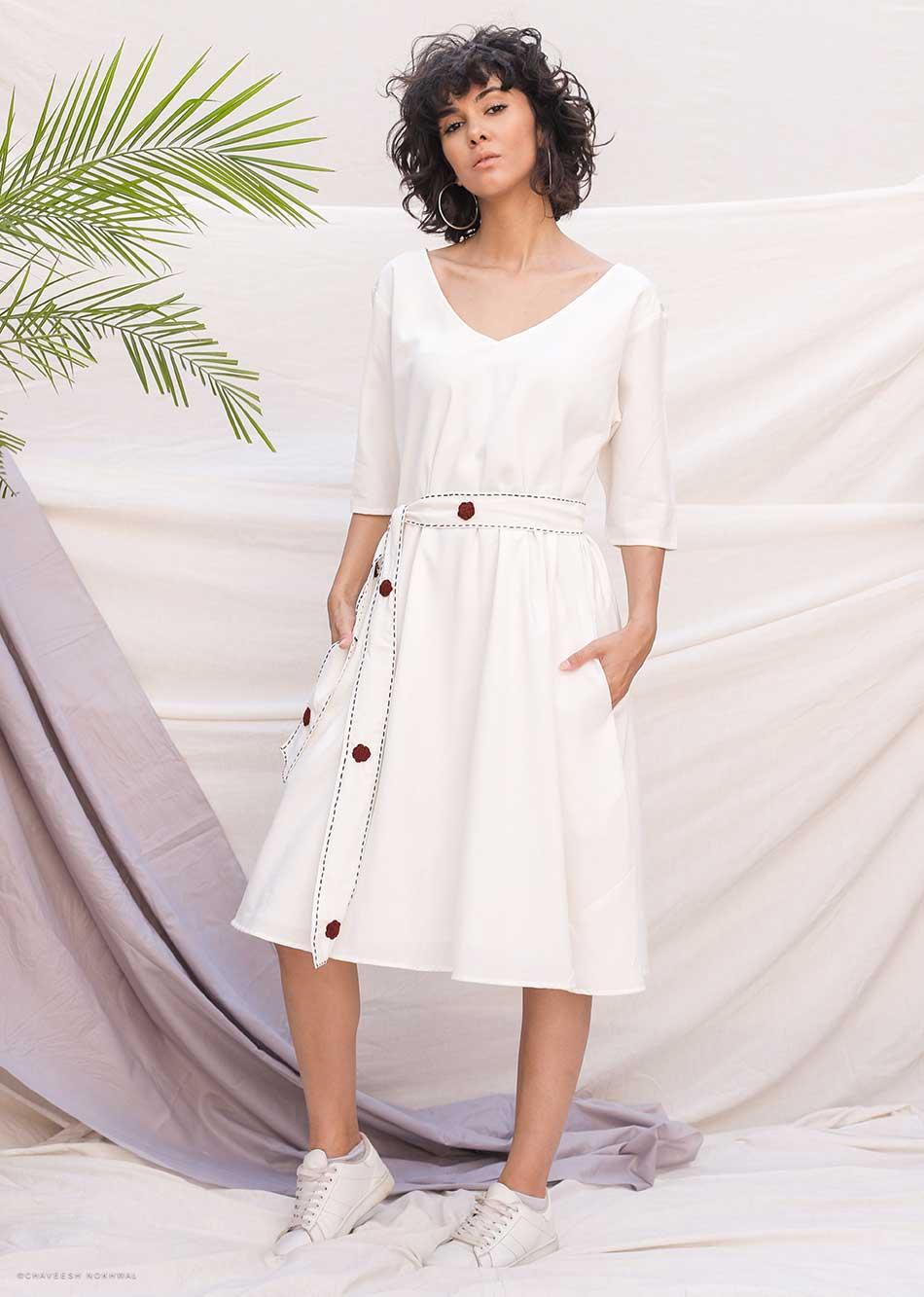 Flax Rayon and Cotton White Loose Dress with Printed Belts for Women - JOVI India