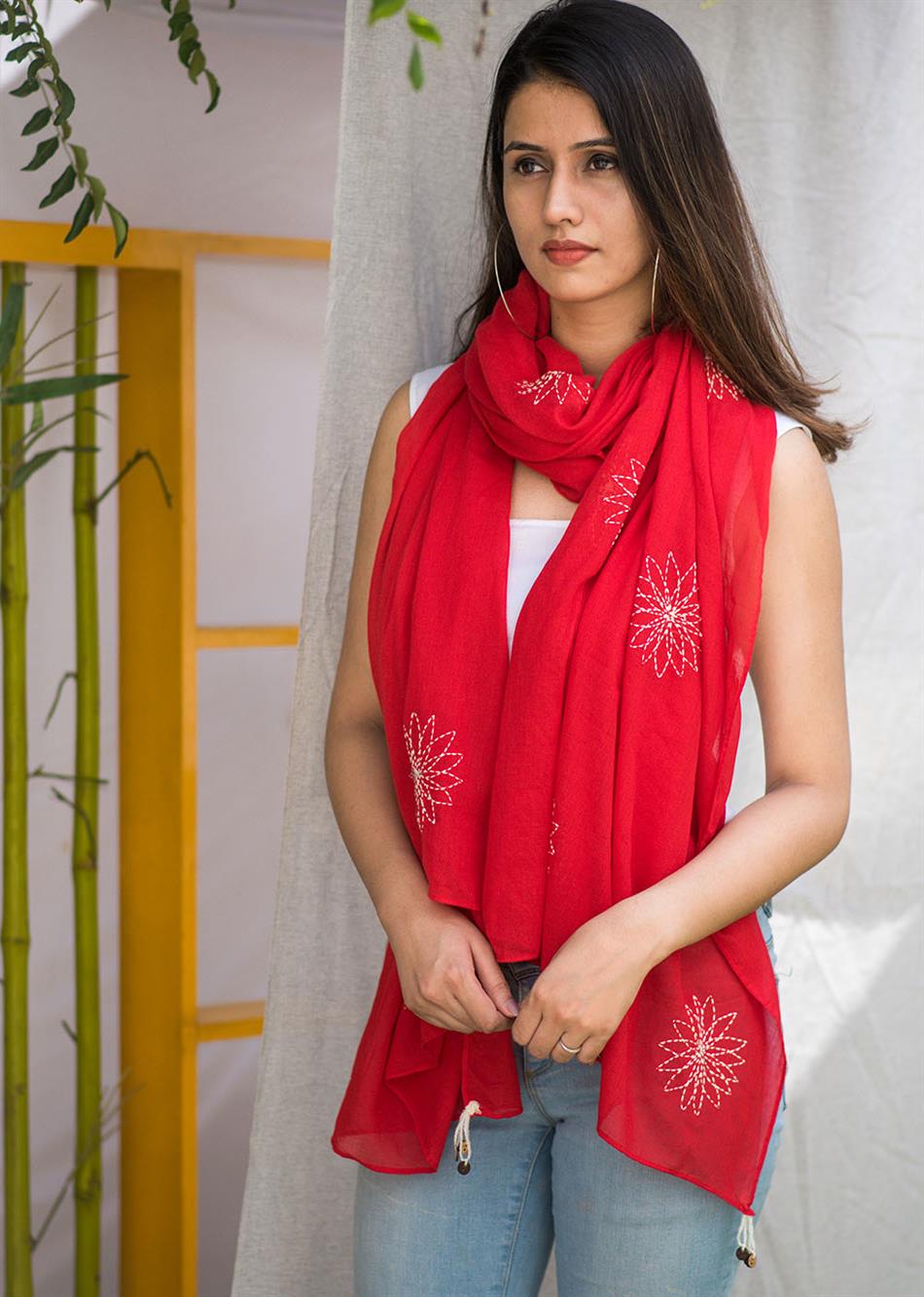 Red Flower Embroidered Dupatta