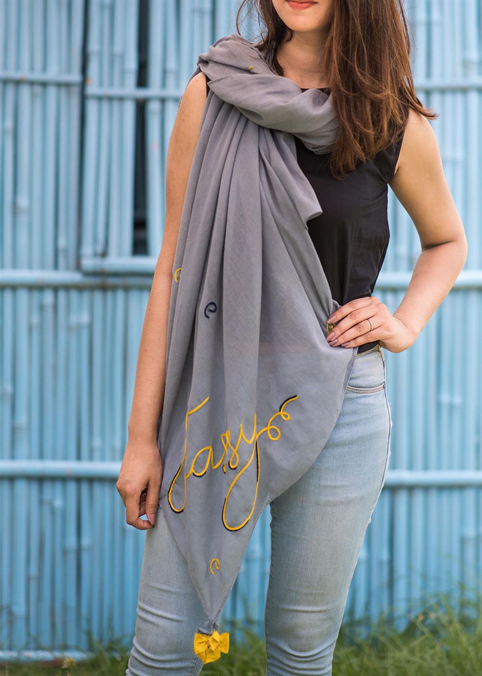 Grey Hand Embroidered Dupatta