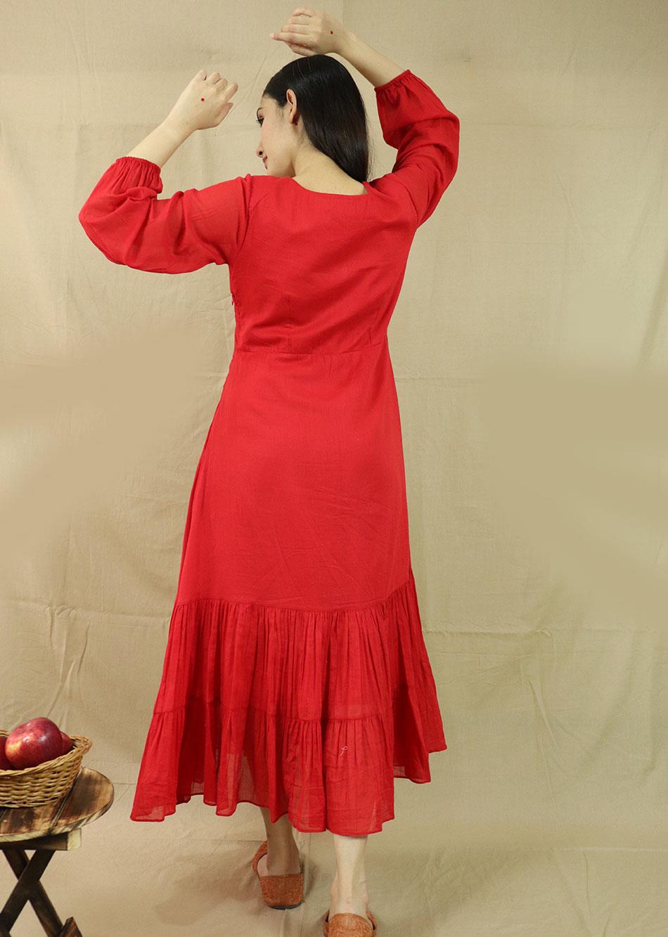 Red Embroidered Gather Dress