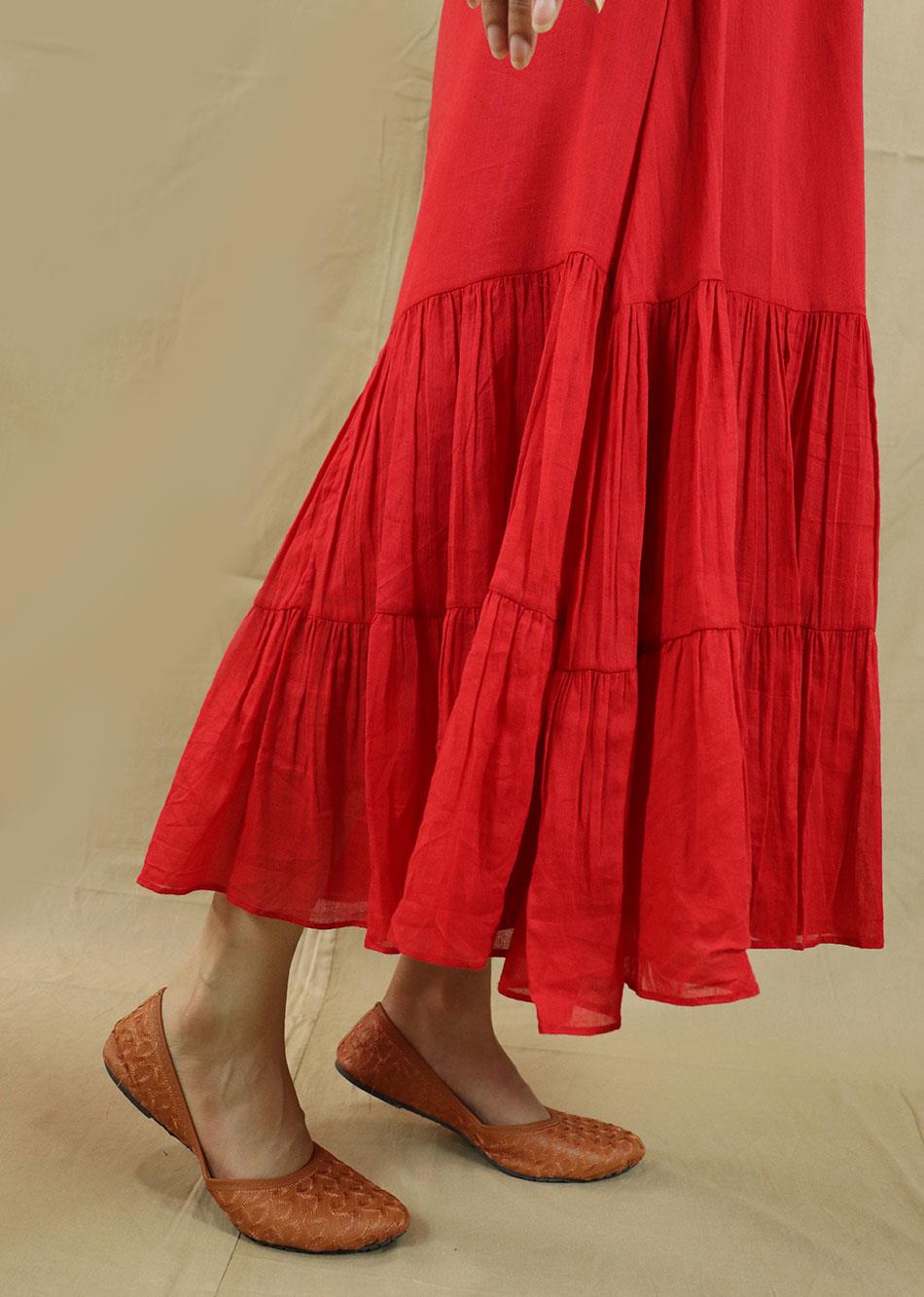 Red Embroidered Gather Dress