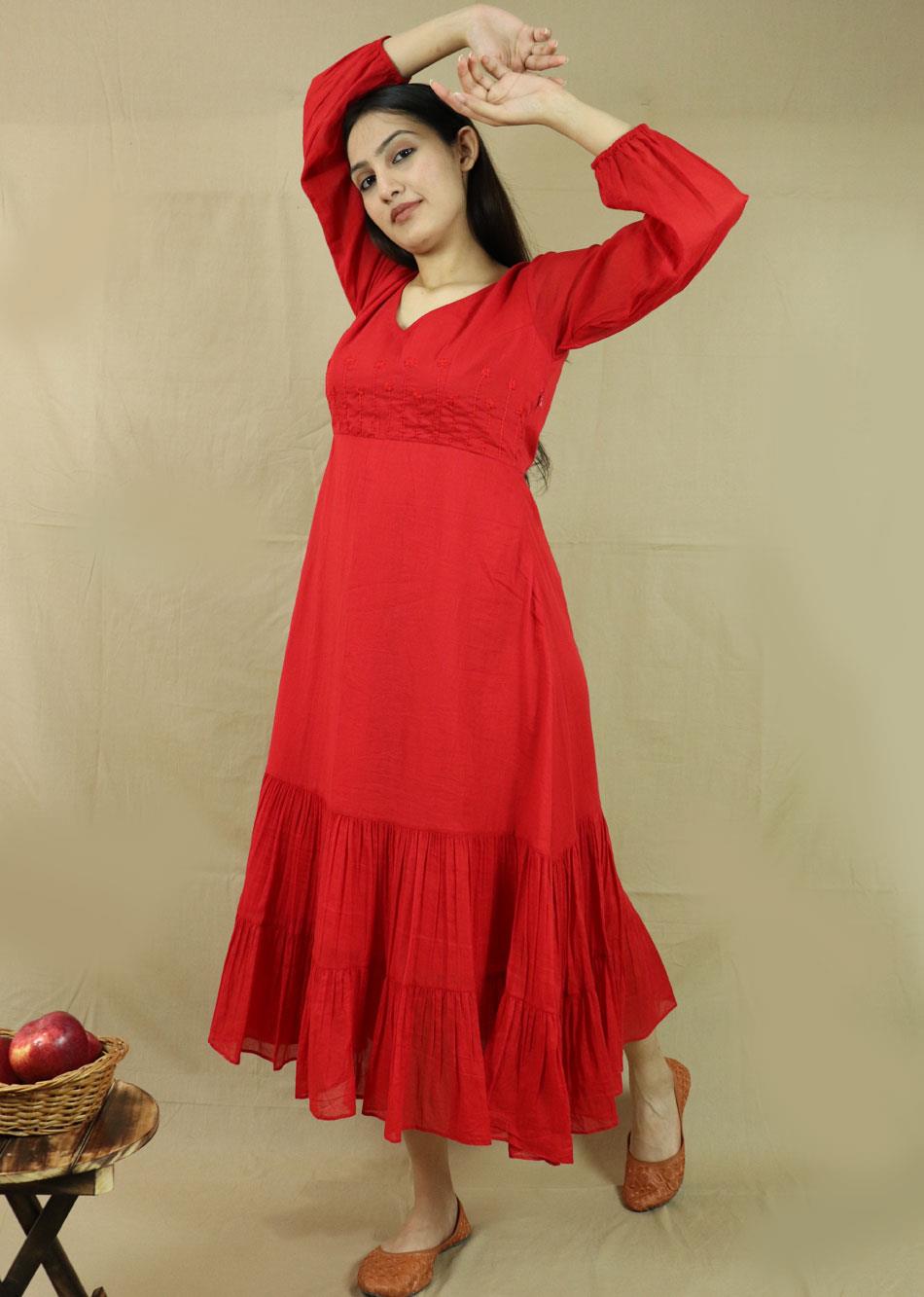 Red Embroidered Gather Dress