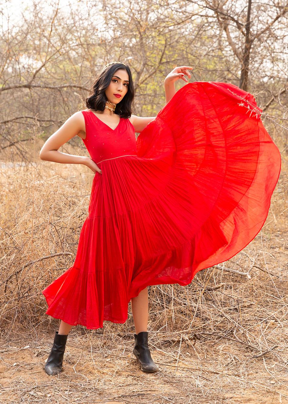 Red Sleeveless Tiered Dress